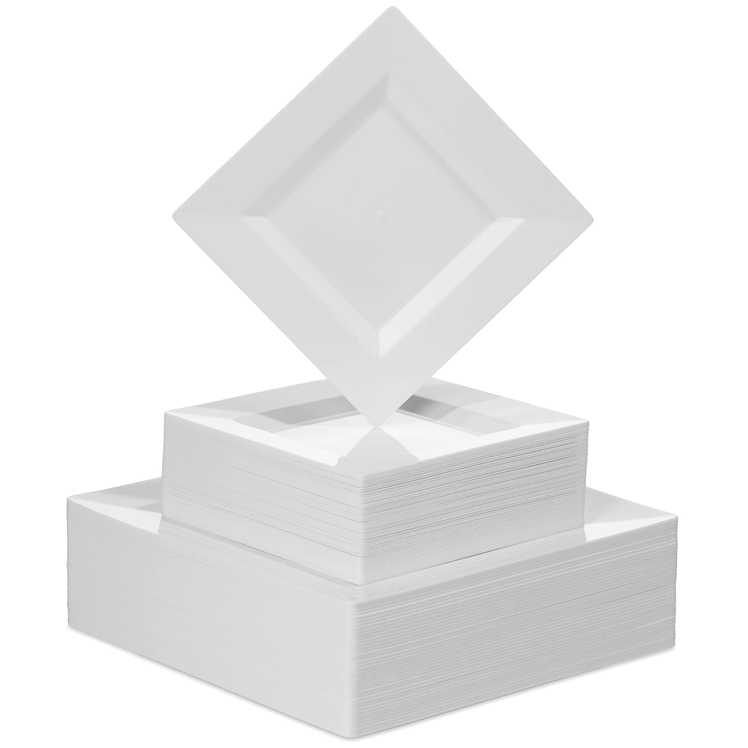 BloominGoods Disposable Plastic White Square Plates, 100-Pack 6.5 & 10 In. Combo Premium Heavy Duty Square Plastic Plates, Ideal For Wedding, Party, Event Or Catering