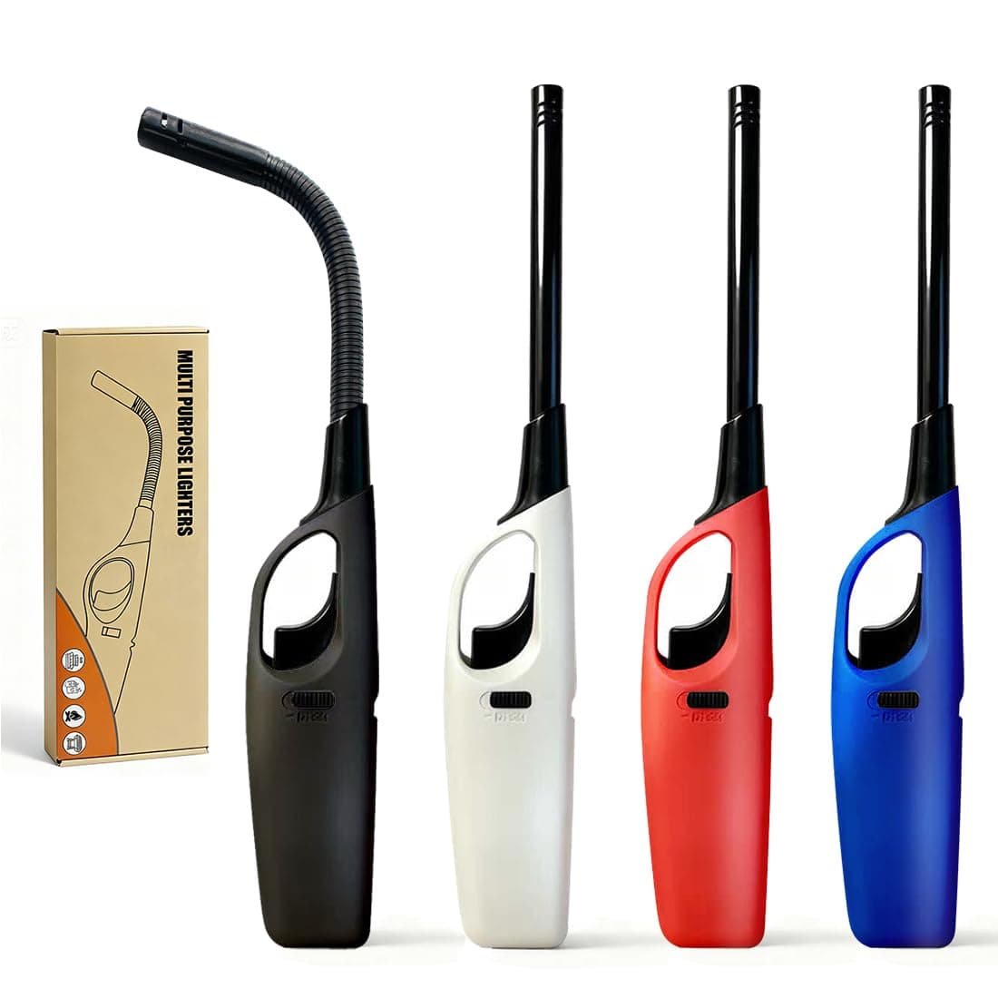 Butane Candle Lighters, 4 Pack Long Lighters for Candle, Multiple-Purpose Refillable Lighter Pack for Camping Fireplace Party BBQ Grill Candle Lighter（Fuel Included）