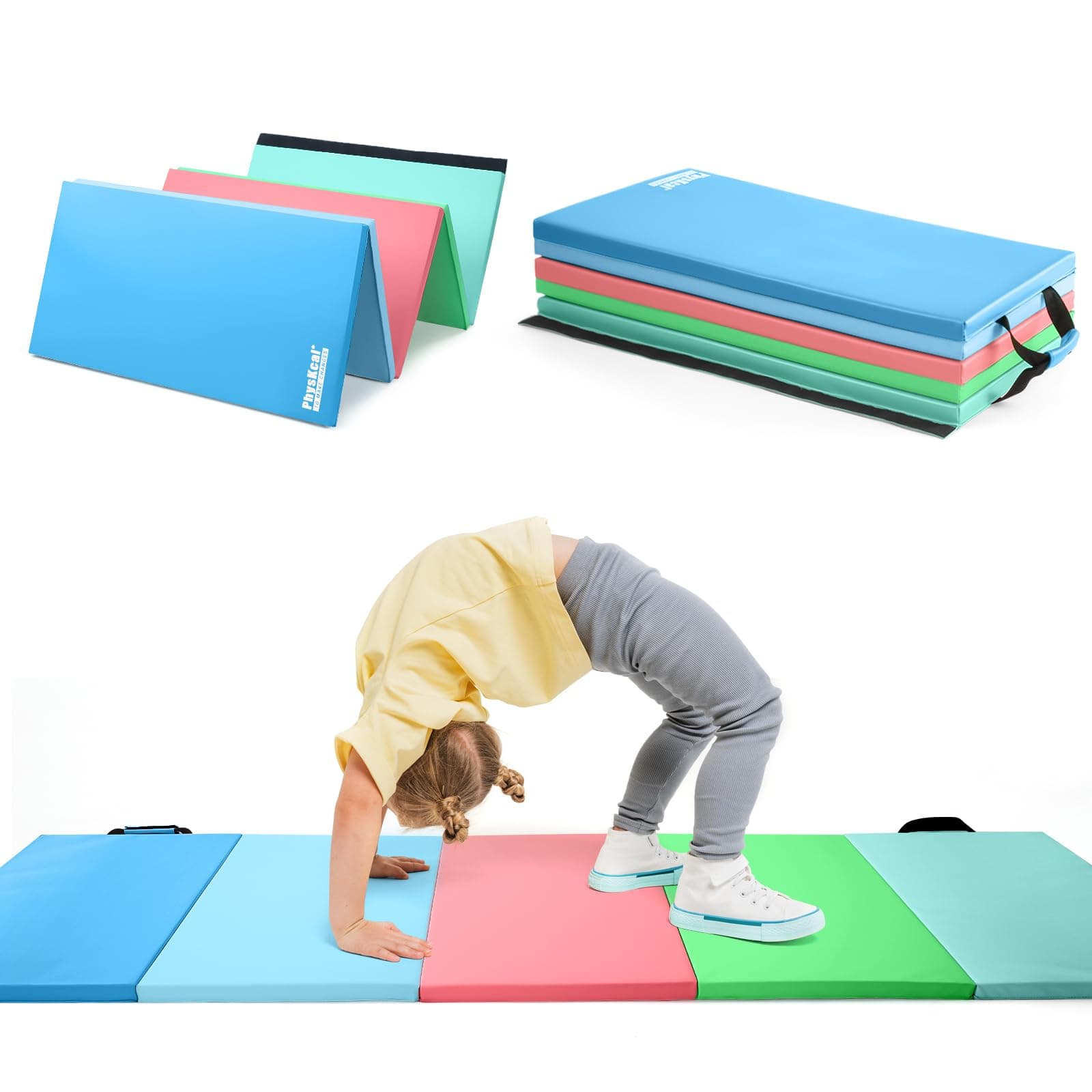 PhysKcal 5-Panel Folding Gymnastics Tumbling Mat with Carrying Handles 195 x 75 x 2.8, Thick Exercise Mat, Foldable Tumbling Mat for Kids, Padding for MMA, Gymnastics, Activity Play and Home Gym