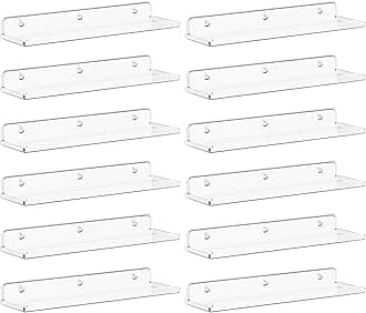 Floating Shelves for Wall, 12 Pack Clear Acrylic Shelf 15" Room Decor for Bookcase/Vinyl Record Display/Photo/Picture in Bedroom, Living Room, Bathroom, Kitchen Storage and Organization