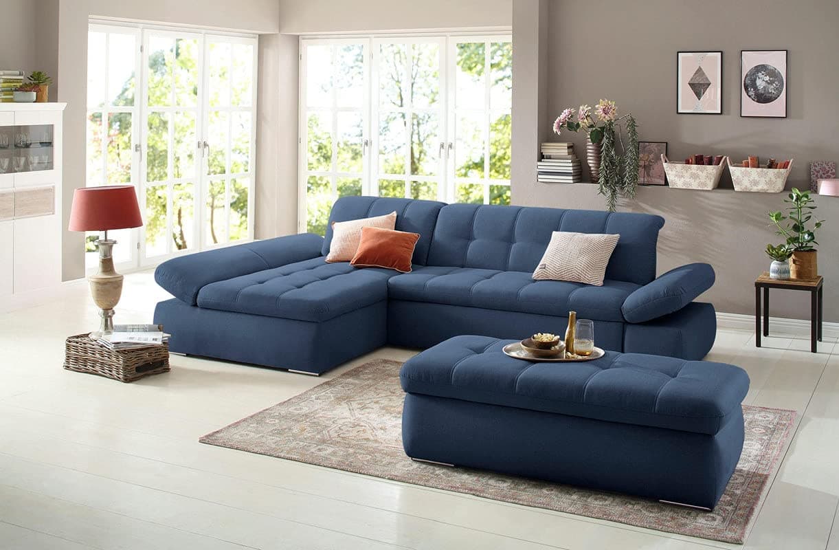 Fabrique Elementra L-Shaped Sofa Bed 5 Seater Linen Fabric Sofa Set - Premium Furniture for Home Office, Guests, and Contemporary, Comfortable Living Rooms (Left Hand Side) - Blue