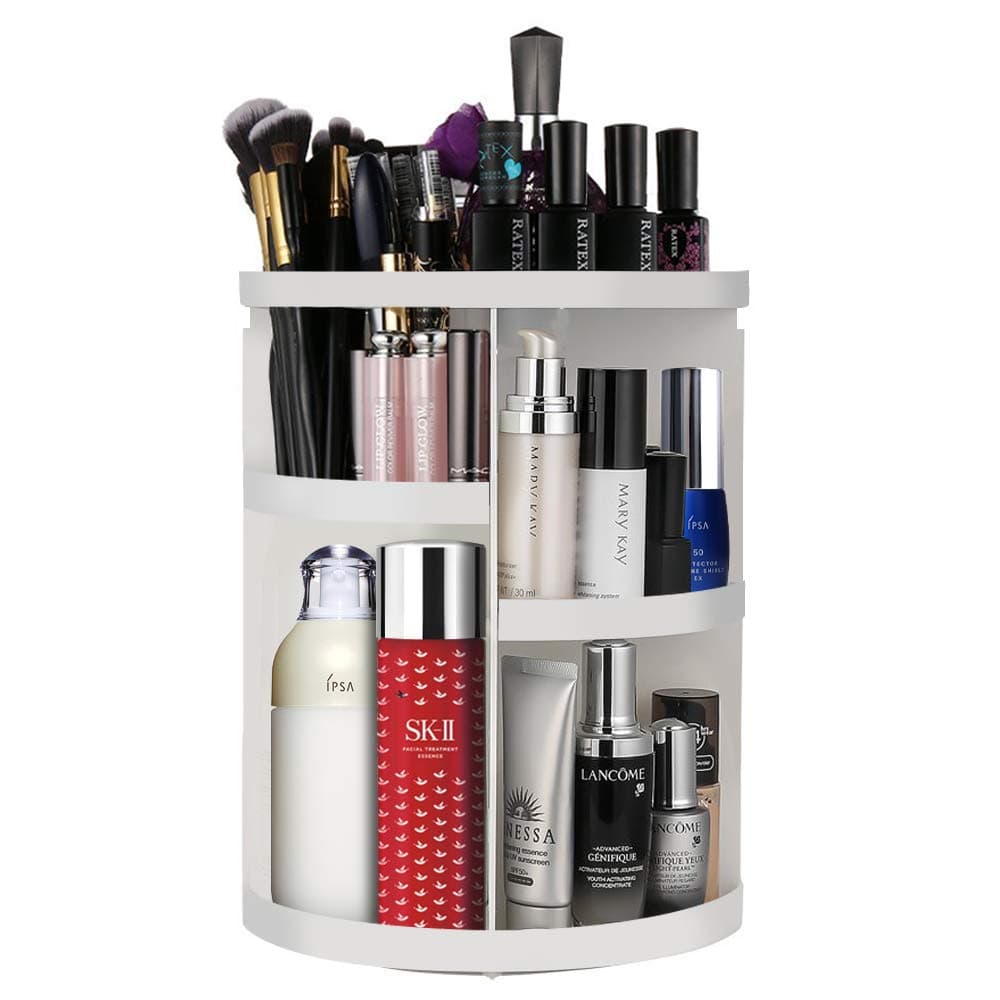 Etmury Makeup Organizer 360 Degree Rotating Adjustable Cosmetics Storage and Display Shelves for Bathroom Vanity Counter Make Up Accessories Holder White