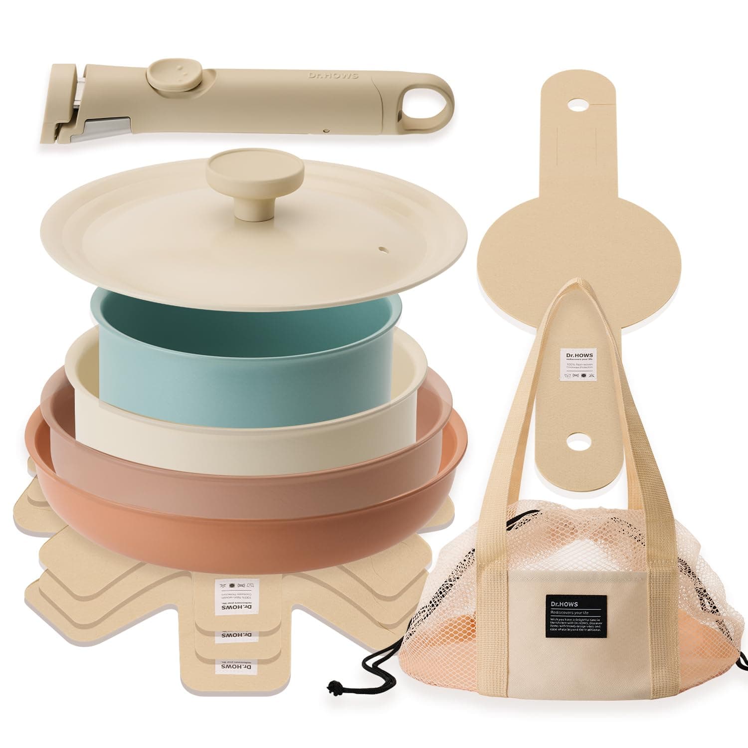 Dr.HOWS DANZI Cookware Set, PFOA-free Nonstick Ceramic Coated Pots and Pans, Multi-size Lid, Detachable Handle, For Gas, Electric, Halogen, Induction stoves PFOA free 11 Set
