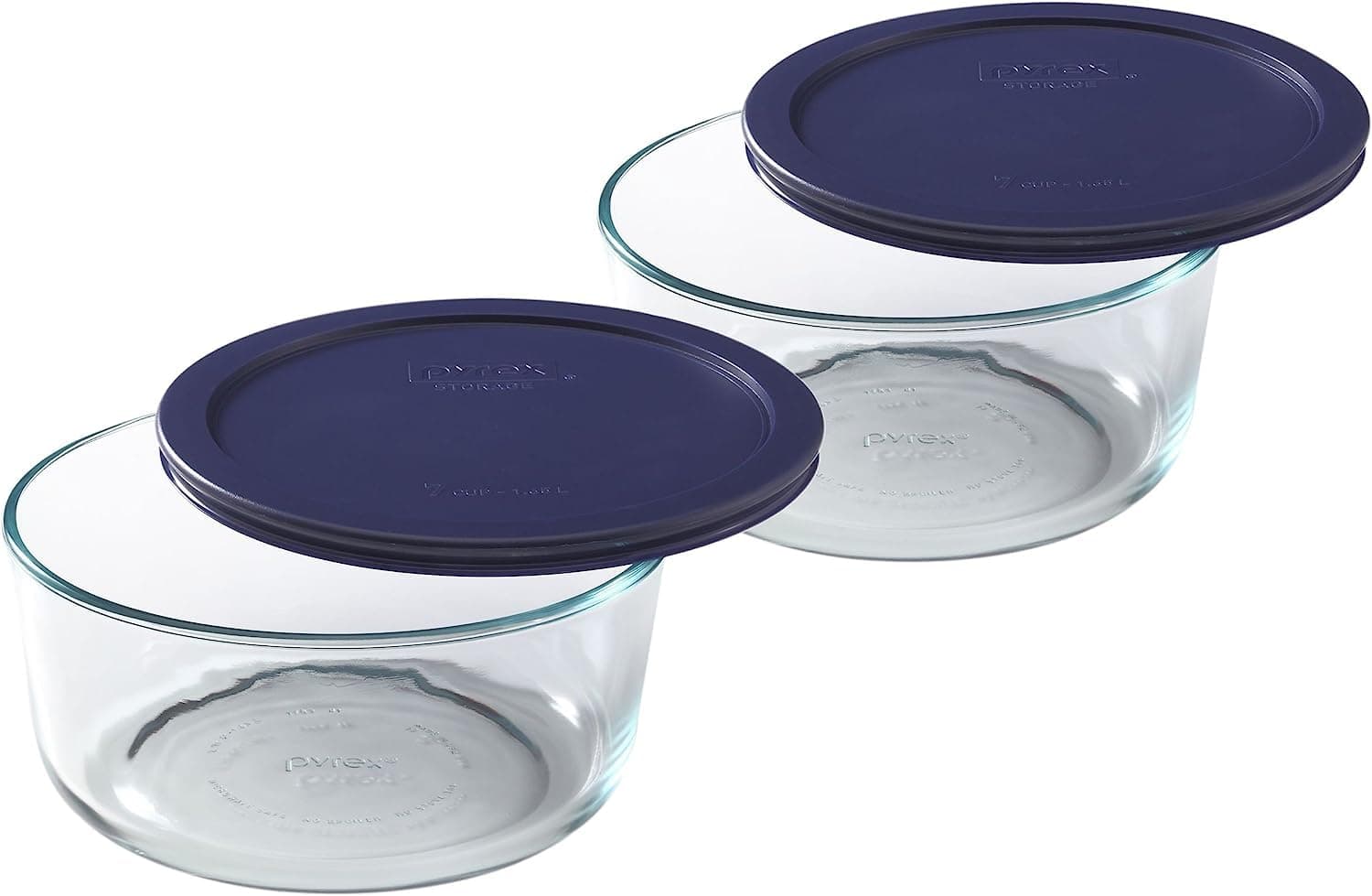Pyrex Storage Plus 7-Cup Round Glass Food Storage Dish, Blue Cover, Pack of 2 - Original Genuine Made in the USA