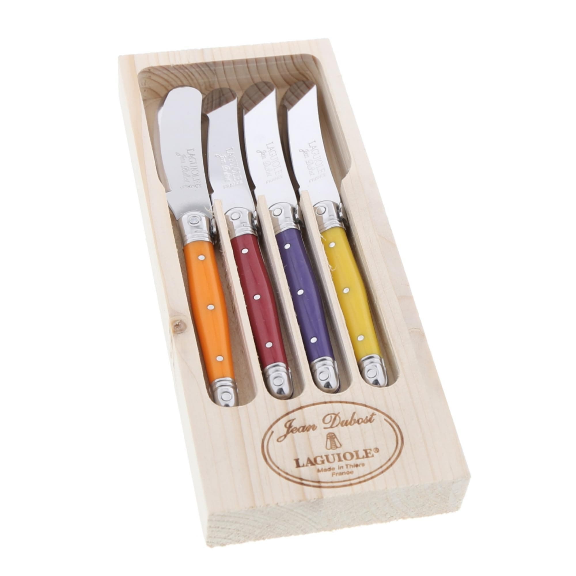 Laguiole 4-Piece Spreader Set, Multicolor Handles - Rust-Resistant Stainless Steel - Includes Wooden Tray - Made in France