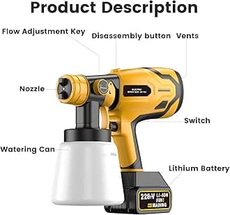 Jetale Cordless Paint Sprayer for 21V Max Battery Brushless Paint Gun, Electric Paint Sprayer for Furniture and House Painting, Paint Sprayers for Home Interior, Fence, Cabinets (Yellow)