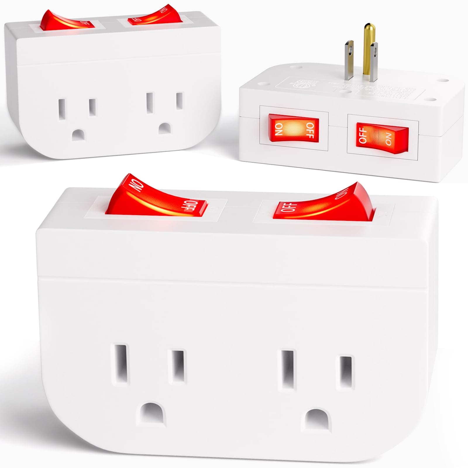 3Pack - POWAWINI Grounded Outlet with Double On Off Switch, Two Port Electrical Outlet Plug Switch, Wall Tap Adapter with Daul Red Indicator, 1875W,15A, ETL Listed (White)