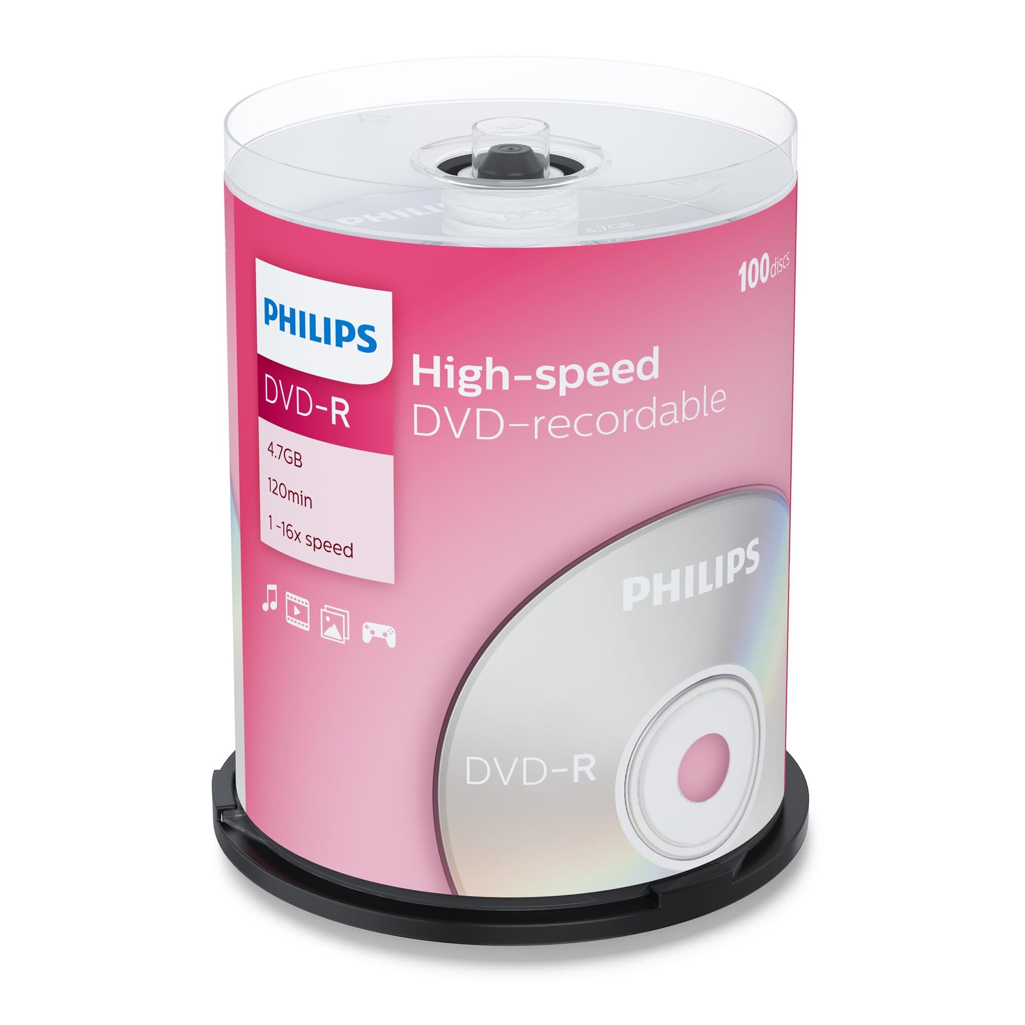 Philips DVD-R blank discs (4.7 GB data / 120 min Video/ 16x High Speed recording) 100 blank discs package - DM4S6B00F/00