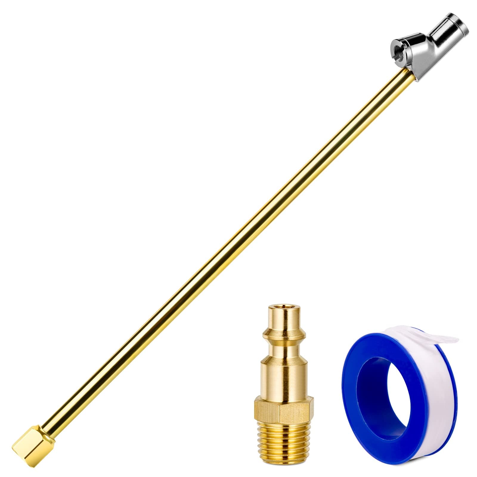 2-Way Connection 13.8" Extended Air Chuck Set, 1/4 in FNPT Straight Foot Dual Head Tire Inflate Chuck with Standard Brass Quick Plug, Tire Air Compressor Fill Kit for Truck RV Dually Tires