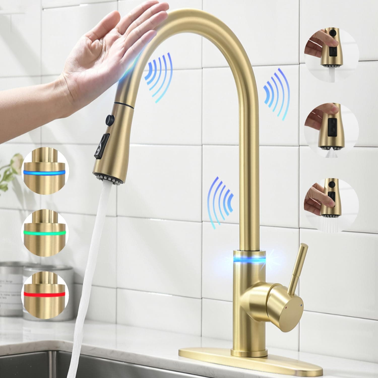 Touch On Kitchen Faucet, 3 Modes Pull Down Sprayer, Touch On Sensor Activated, LED Temperature Control, 360-Degree Rotation,1 or 3 Hole Deck Plate. 10-Year Warraty. (Brushed Gold, KW-70J)