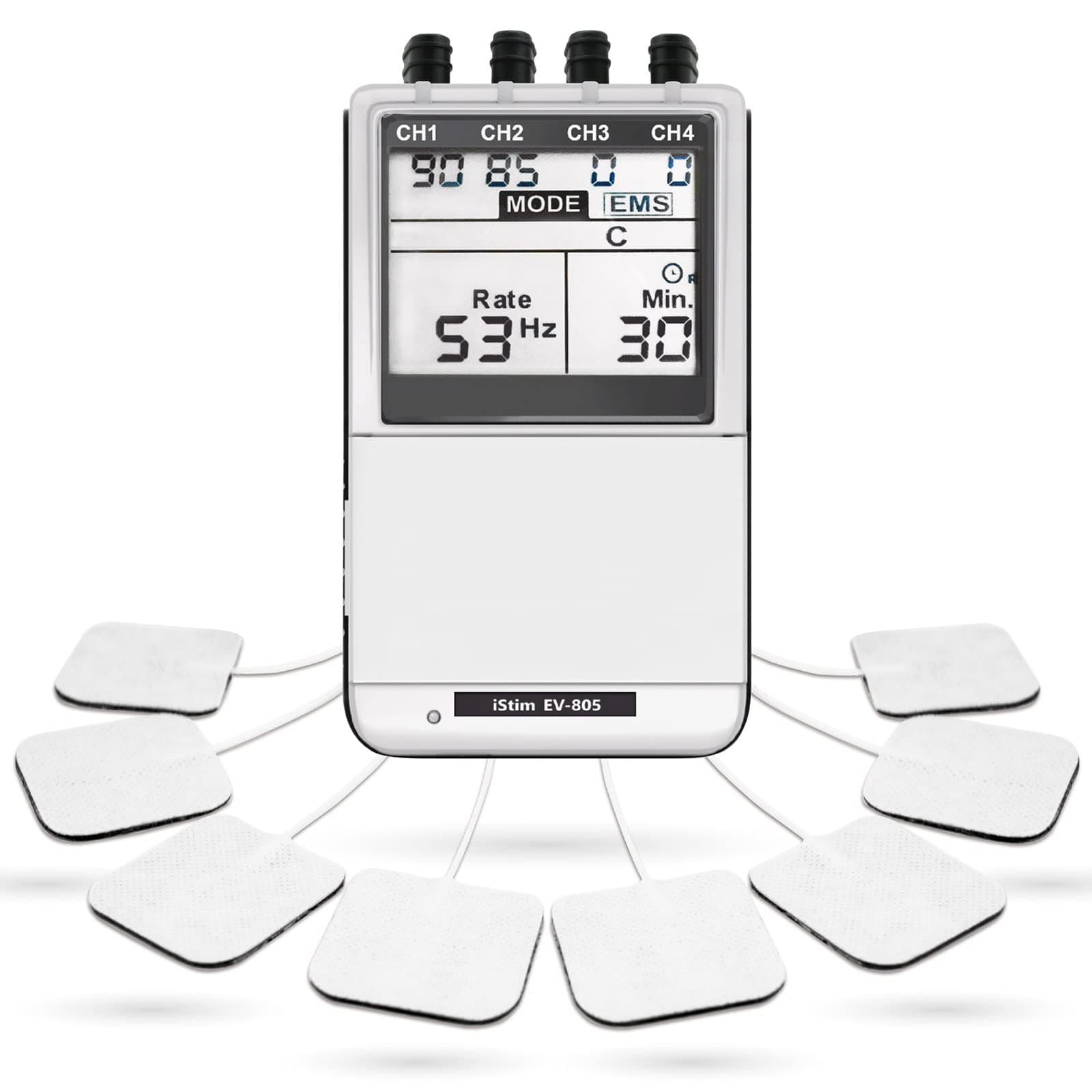 EV-805 TENS EMS 4 Channel Rechargeable Combo Machine Unit - Muscle Stimulator + Back Pain Relief and Management- 24 Programs/Backlit (Including Electrodes Pads)
