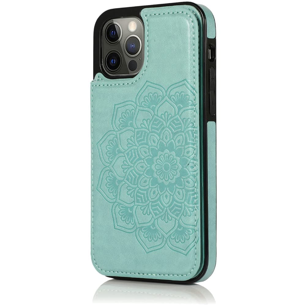 for Apple iPhone 14 Pro 6.1 Luxury Side Magnetic Button Card Id Holder Pu Leather Case Cover - Teal Mandala Flower