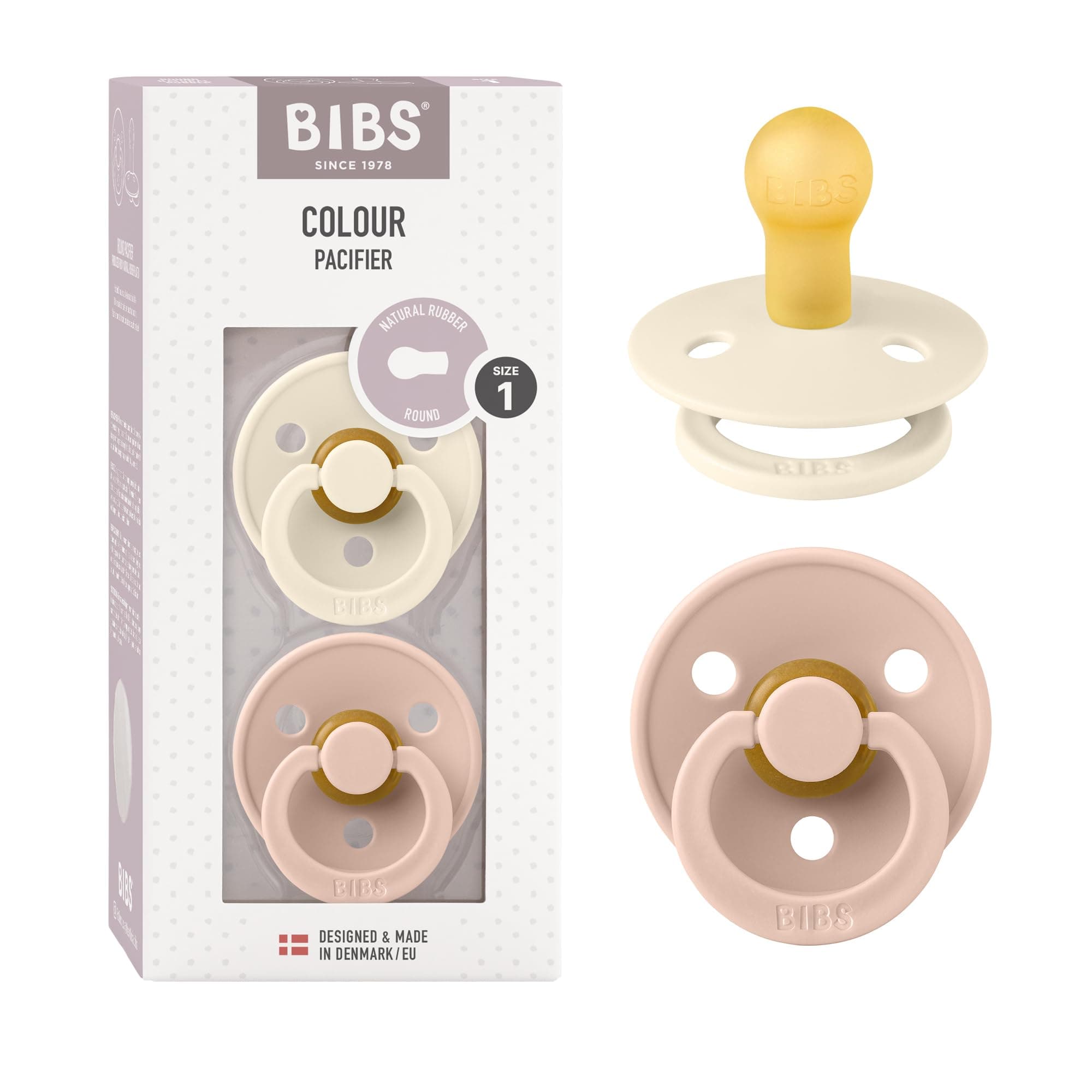 BIBS Colour Soother 2-Pack, BPA Free Dummy Pacifier, Round Nipple. Natural Rubber Latex, Size 1 (0-6 Months), Ivory/Blush