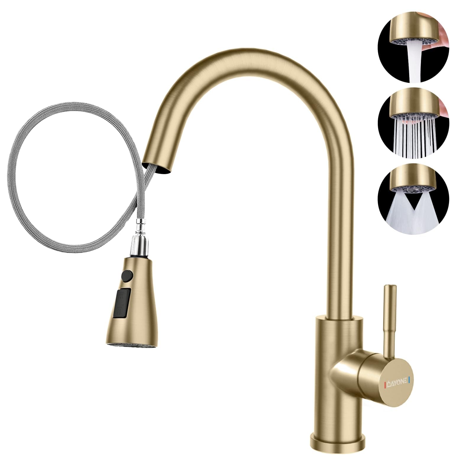 DAYONE Gold Kitchen Mixer Tap with Pull Out Spray, SUS304 Stainless Steel Sink Taps Mixer with 3 Functions for Kitchen, 360° Swivel Single Handle High Arc Kitchen Faucet, Brushed Gold