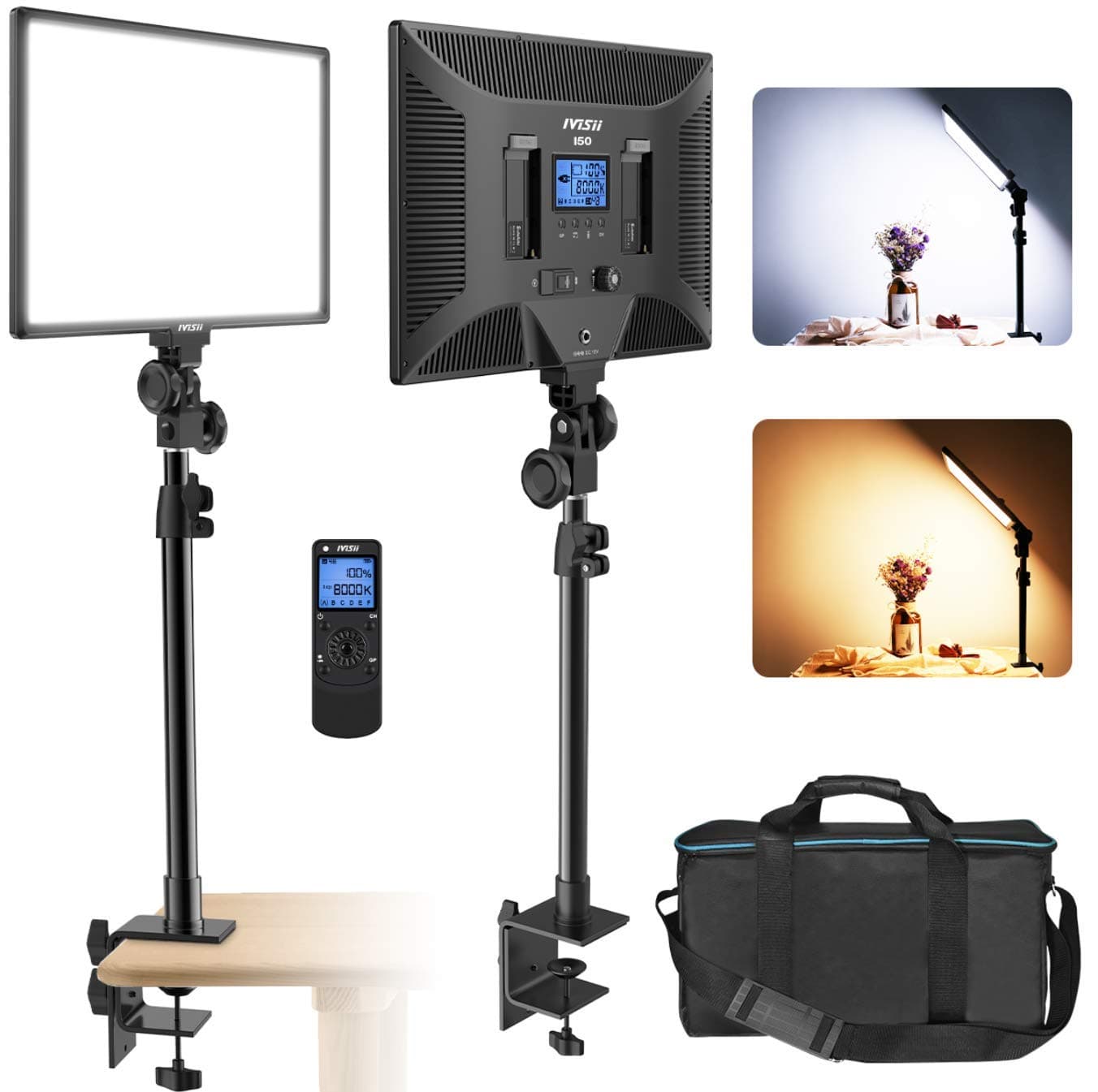 IVISII Desk Mount LED Video Light Kit, Bi-Color Panel Light for YouTube TikTok Game Live Stream Video Conference, 2-Pack Photography Lighting with C-Clamp Stand, 264pcs LEDs/Dimmable 3000K-8000K