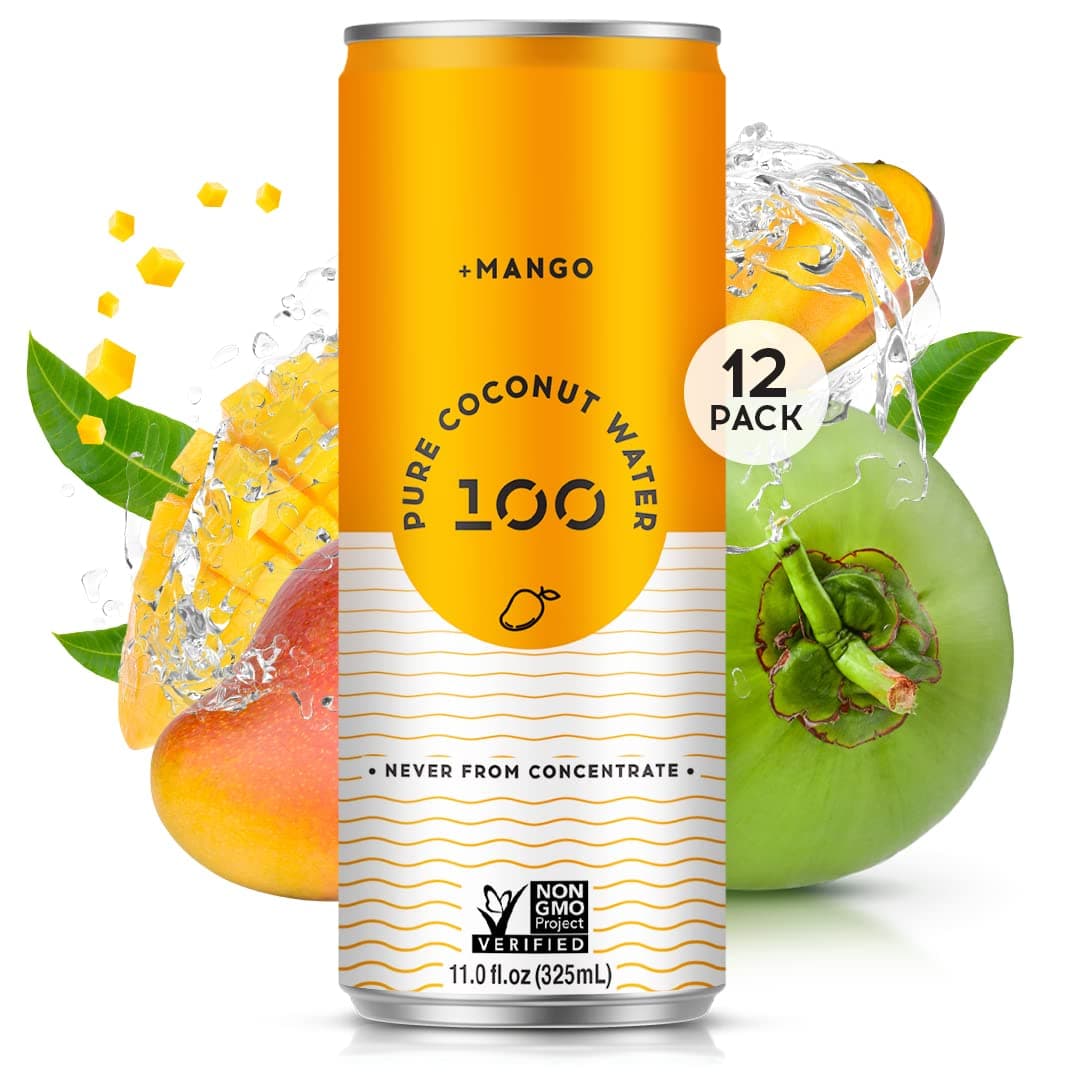 100 Coconuts Mango Pure Coconut-100% Pure Coconut Water - Low Calorie All-Natural Drink with Electrolytes - Naturally Sweet, no preservatives- Non-GMO, 11 fl oz, Pack of 12 (Pure Coconut Water)