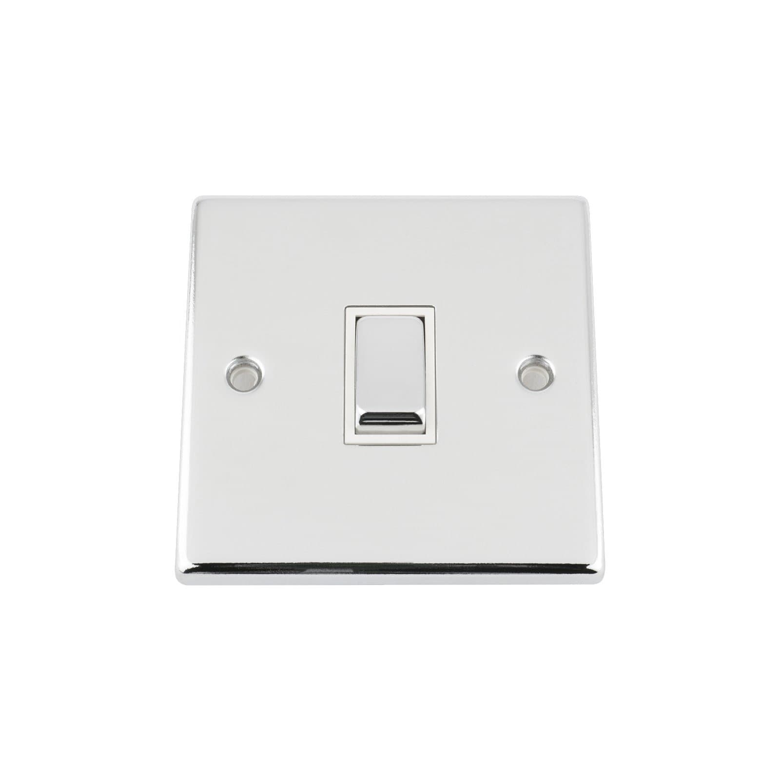 A5 Products Wall Light Switch Single 1 Gang Polished Chrome Square - White Metal Rocker Switch 10A 2Way