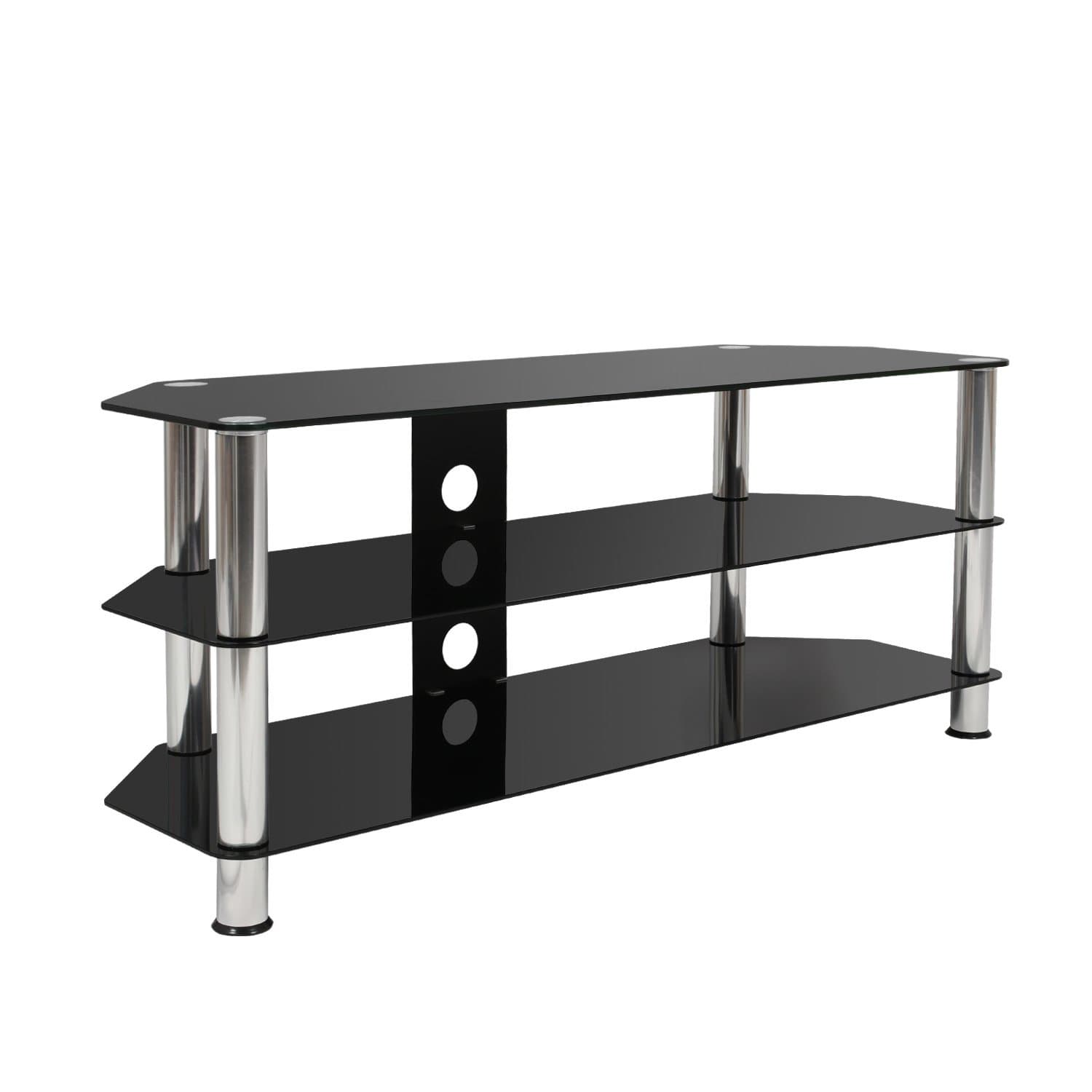 SevenFanS! Glass TV Stand for Flat Screen LED LCD OLED and Curve Screen TVs from 32” to 70”, with Audio and Video Shelf, for Home and Game Entertainment Center (Silver)