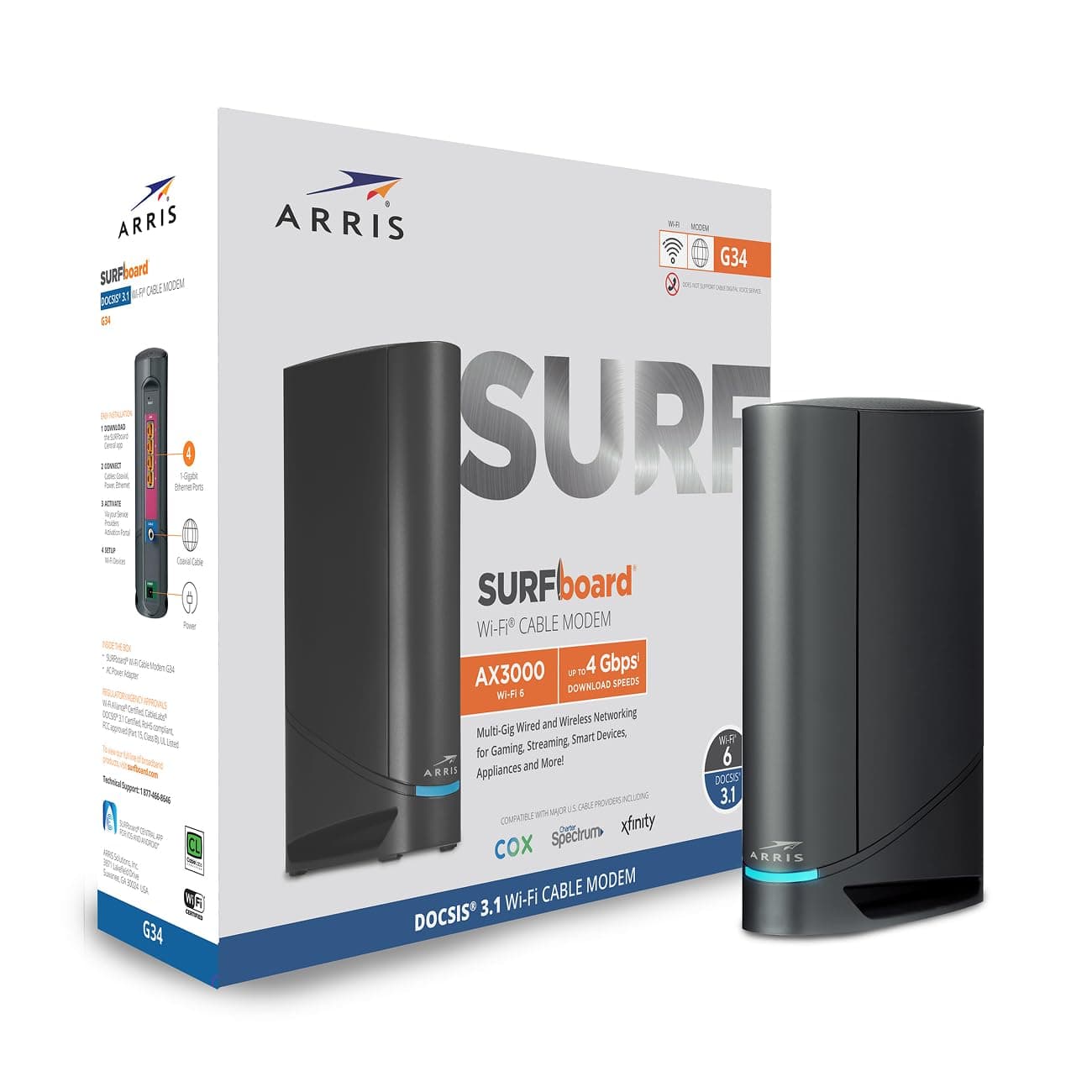 ARRIS (G34) - Cable Modem Router Combo - Fast DOCSIS 3.1 Gigabit WiFi 6 (AX3000), Approved for Comcast Xfinity, Cox, Spectrum & More, 1 Gbps Max Internet Speeds