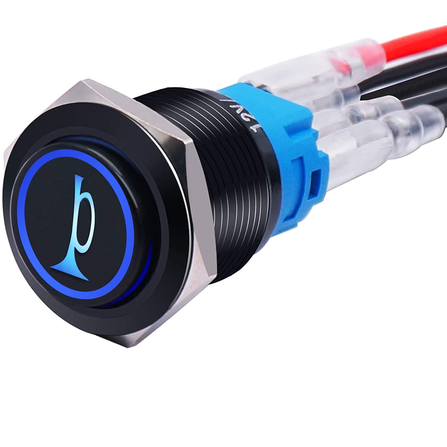 mxuteuk 19MM Raised Speaker Horn Momentary Push Button Switch 3/4" Mounting Hole 12V Blue Led Light Black Stainless Steel Shell 1NO1NC SPDT with Pre-wiring Wires Switch For Car Modification BKG19LB-BU