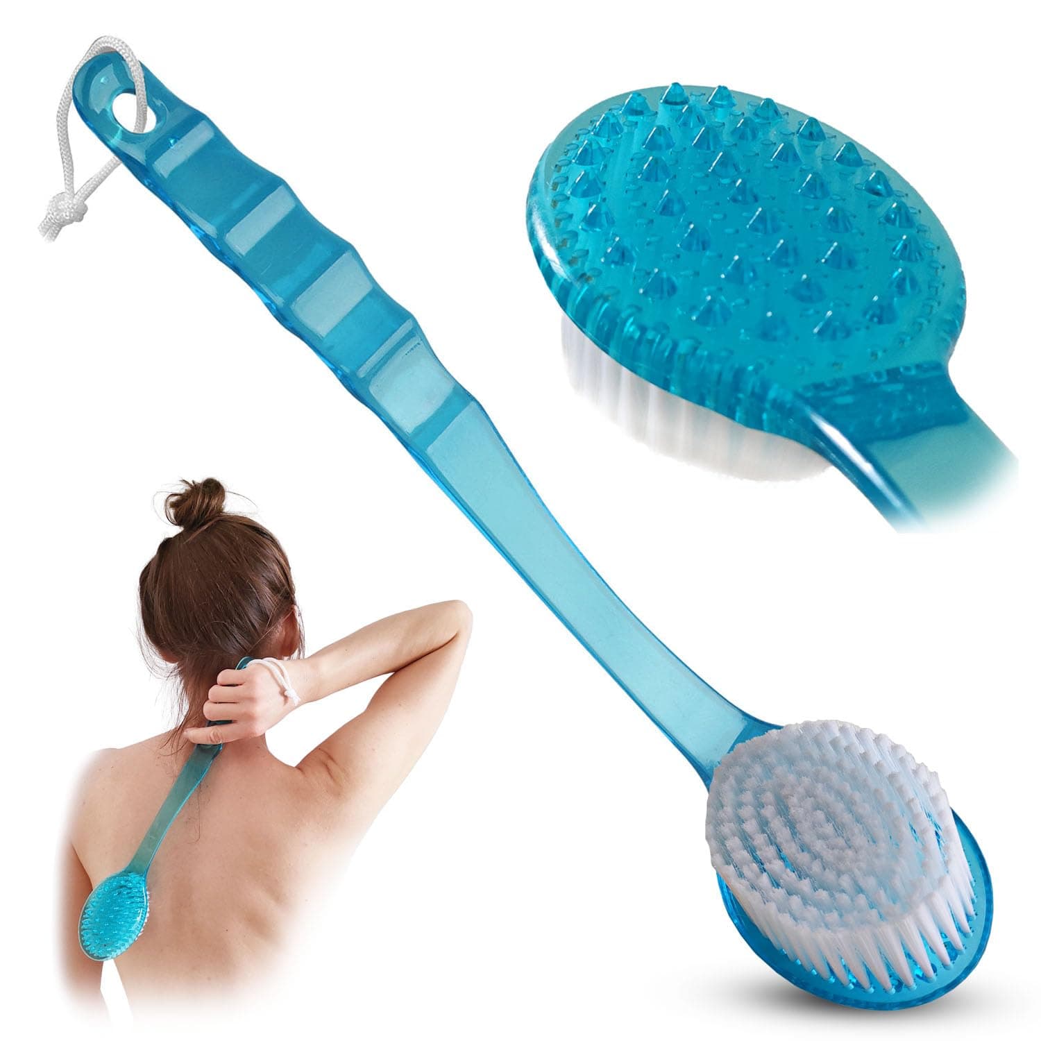 Bath Body Brush Long Handle Back Shower Brush Exfoliating Back, Body, and Feet Scrubber Soft Nylon Bristles (Blue)