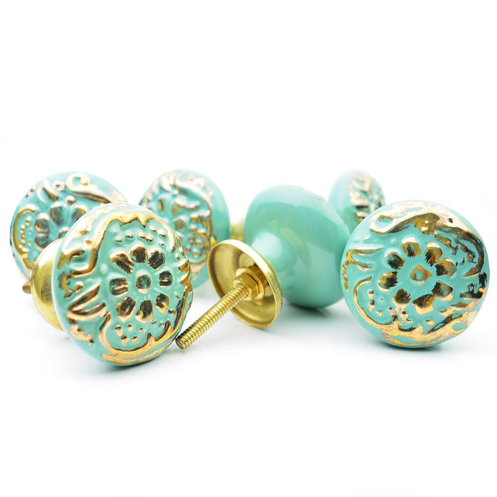 Pack of 6 Golden Canterbury Pattern Decorative Antique Door Knobs-Interior Knobs and Pulls for Cabinet/Girls Dresser/Kids Cupboard/Kitchen Drawer Handles with Hardware Attached