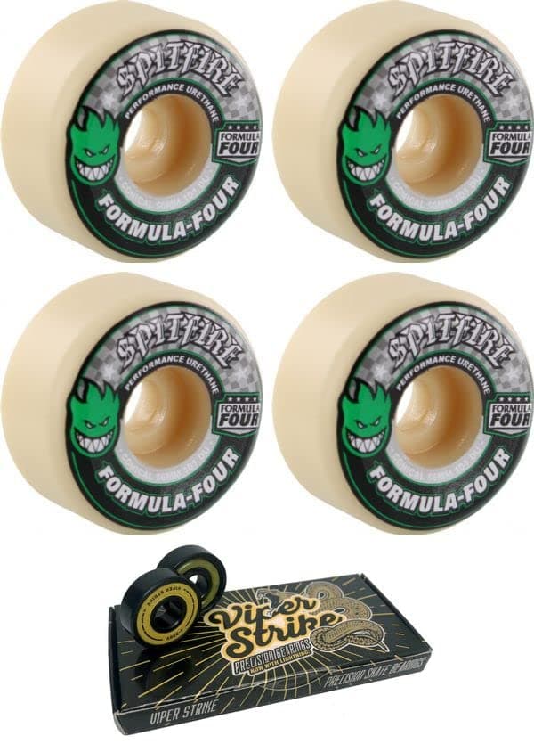 56mm Spitfire Wheels Formula Four Conical White w/Green & Black Skateboard Wheels - 101a with Viper Strike Skateboard Bearings 8mm Precision ABEC 7 Skateboard Bearings - Bundle of 2 Items