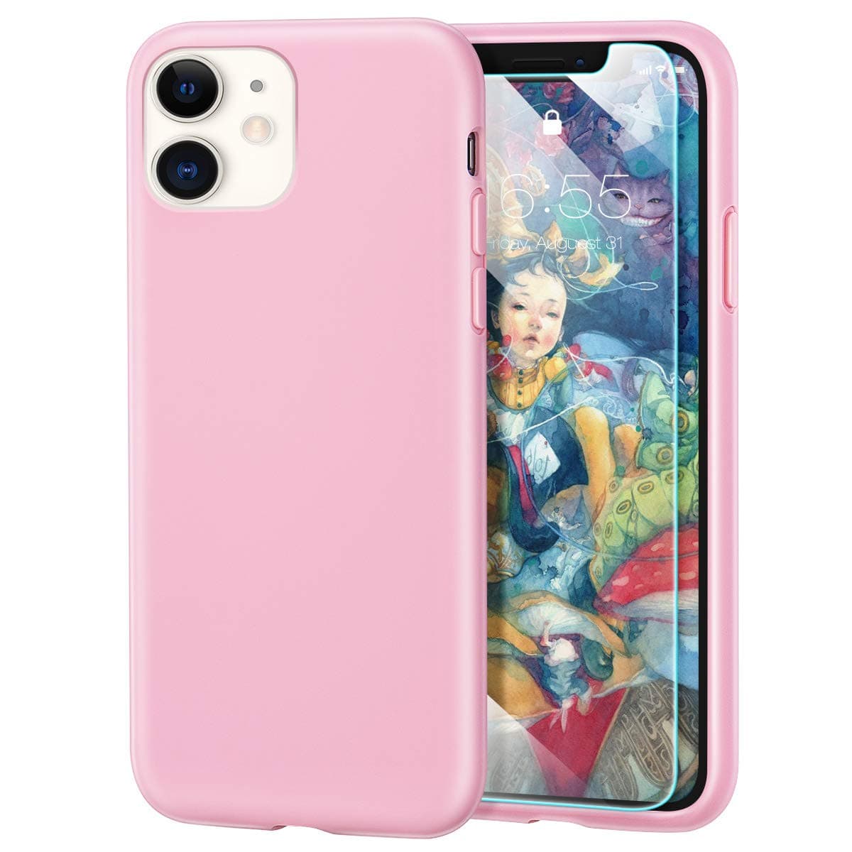 MILPROX Case Compatible for iPhone 11 with Screen Protector, Liquid Silicone Gel Rubber Shockproof Slim Shell with Soft Microfiber Cloth Lining Cushion Cover (2019 6.1")-Pink