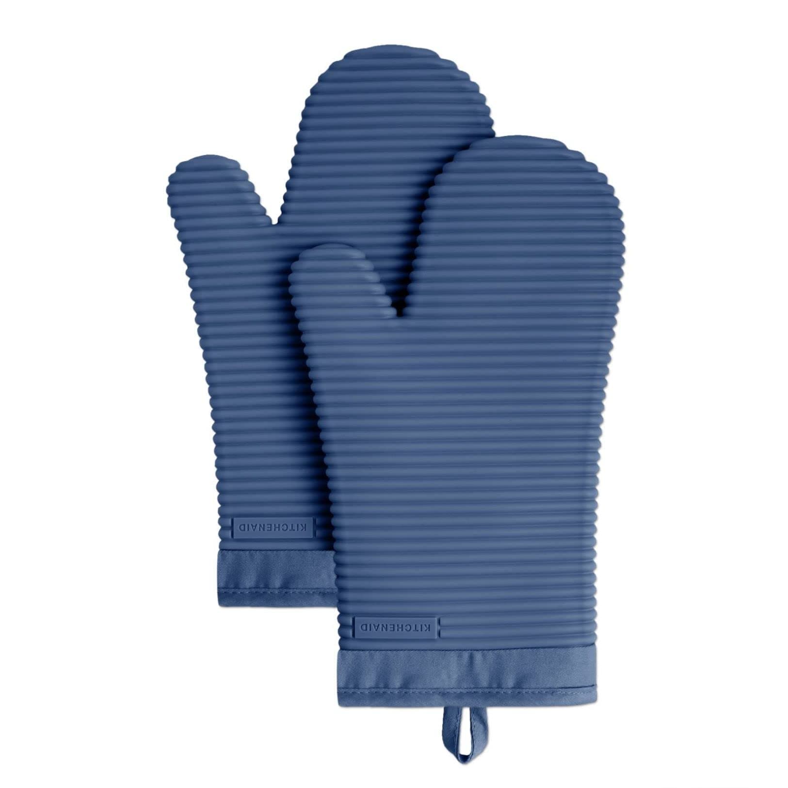 KITCHENAID Ribbed Soft Silicone Oven Mitt 2-Pack Set, 7.5"x13", Blue Willow
