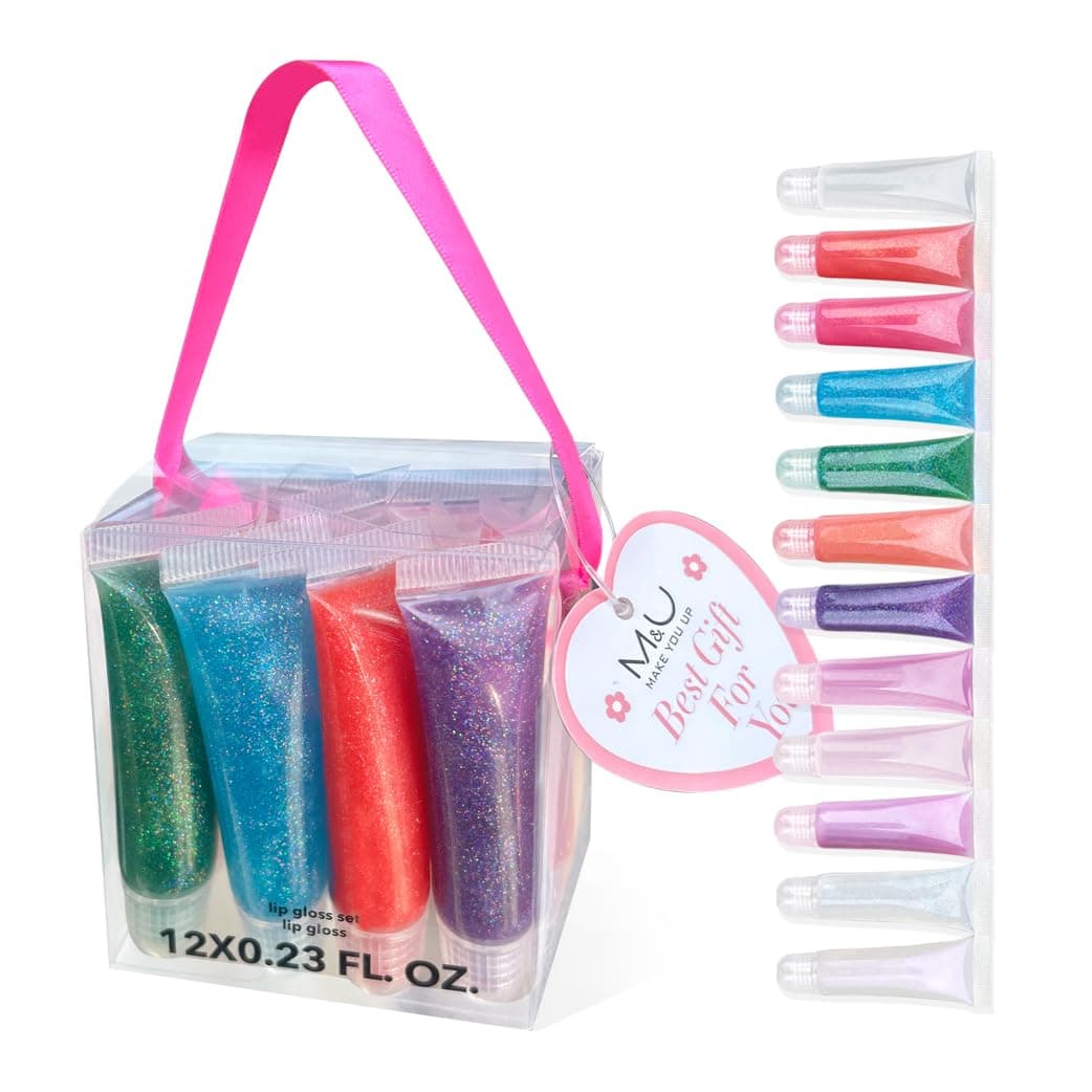 M&U Glitter Lip Gloss Set with Carrying Case, 12Pcs Assorted Flavors Moisturizing Shimmer Glossy Lip Party Favor Make-up for Kids and Teens Ages 5+