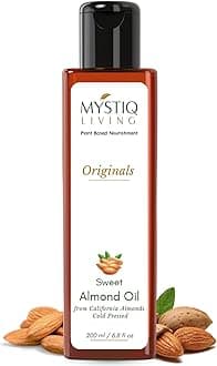 Mystiq Living Sweet Almond Oil for Skin, Hair Growth, Baby Skin and Face, Glowing Skin, Body Massage (Badam Rogan) - 200 ML | 100% Pure Cold Pressed & Organic Face Oil