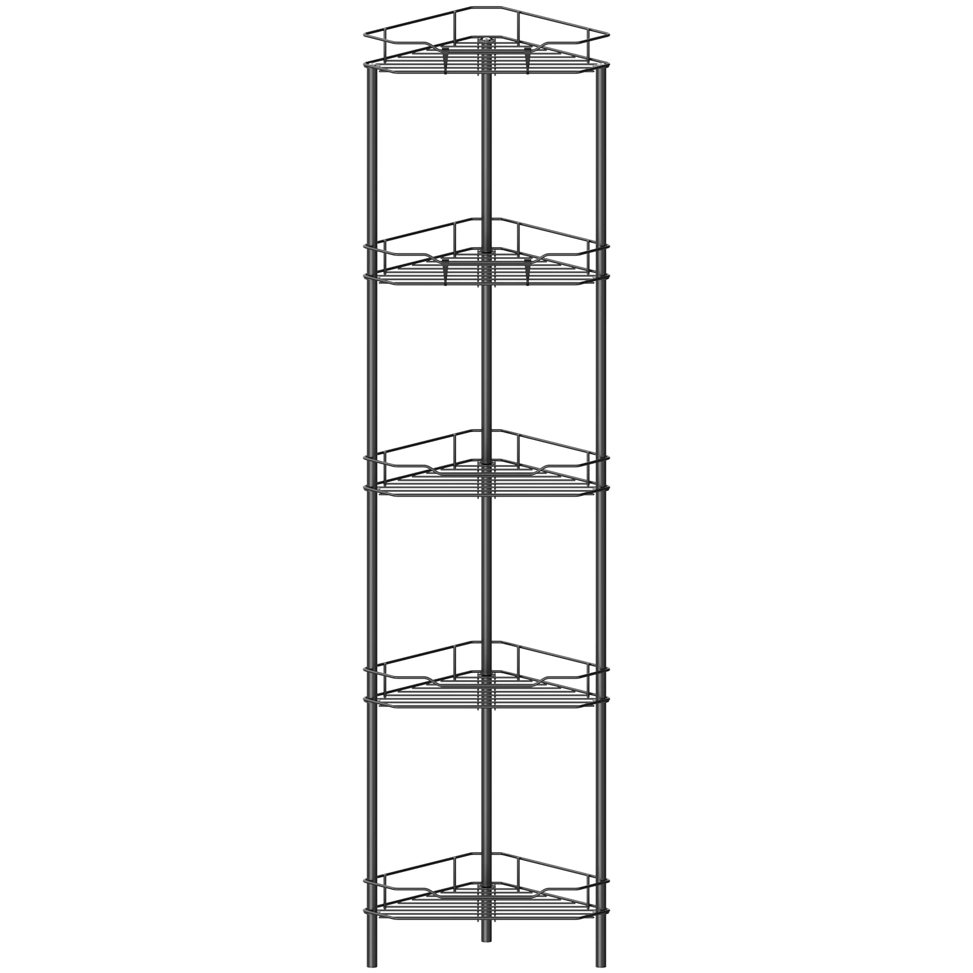 HuggieGems 5 Tier Floor Standing Corner Shower Caddy Organizer Shelf with Hooks, Bathroom Shelves Stand Rack, Black