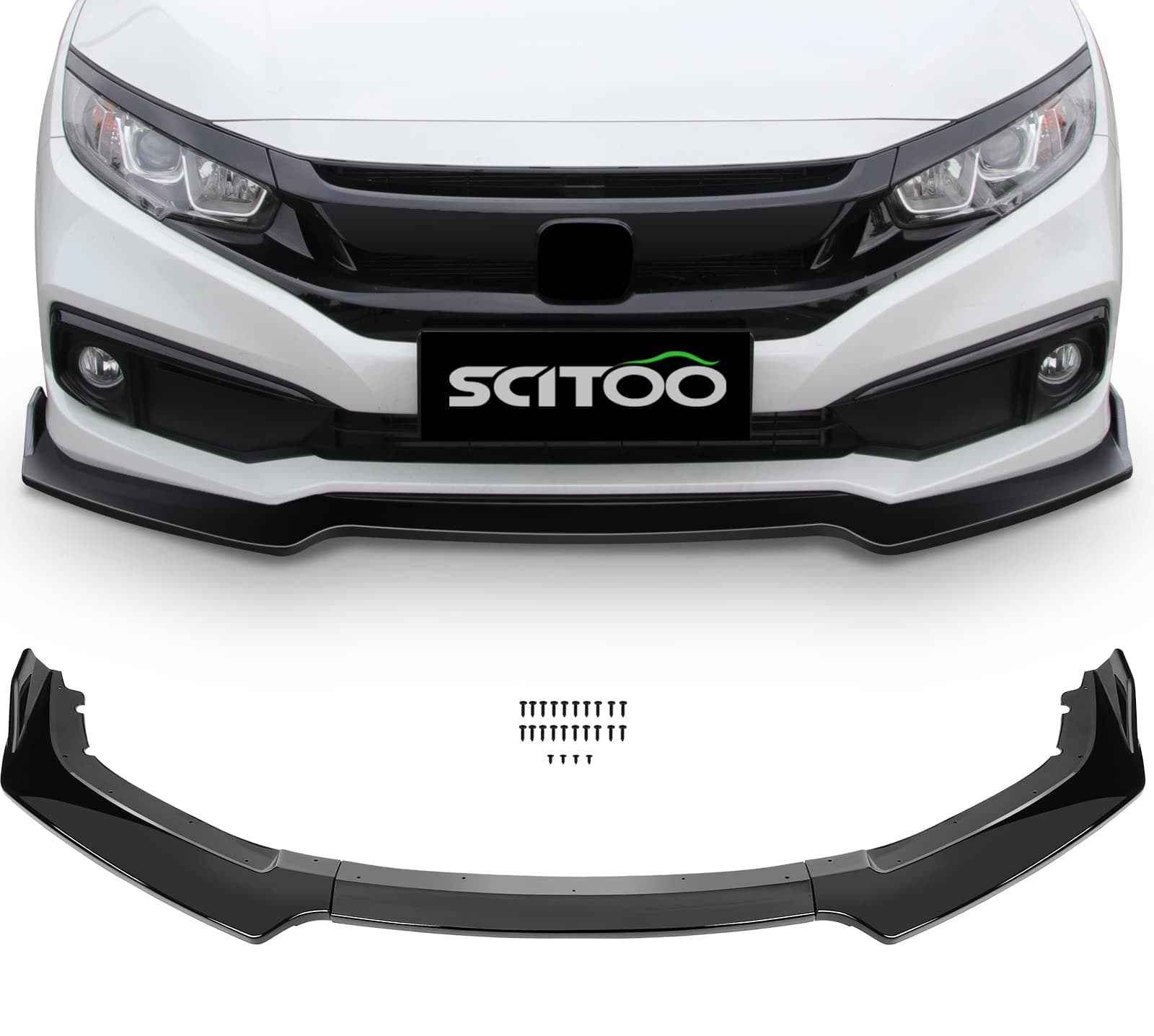 SCITOO 3PCS Black PP Front Bumper Body Kit Spoiler Chin Spoiler Front Bumper Lip Fit for 2016-2019 for Honda Civic Hatchback