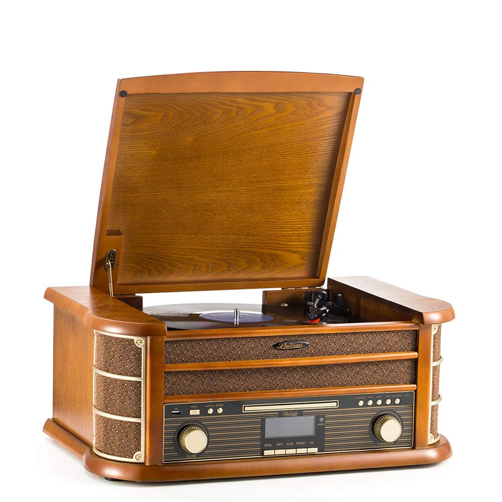 – Shuman Vintage 9-in-1 Wireless Music Centre with Remote Control, DAB Digital/FM Radio, 3-Speed Turntable, CD/Cassette Player, USB Playback/Recording, RCA Line Out, Real Wood Construction (MC-250DBT)