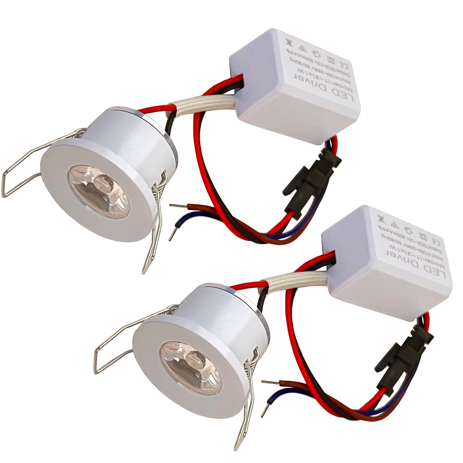 2Pack 1W Mini Spotlights Indoor Recessed Ceiling Showcase Display Under-Cabinet Lights Fixture with AC 110V/220V to DC 3-12V LED Driver Power Supply 3000K Warm-White Lighting White-Shell