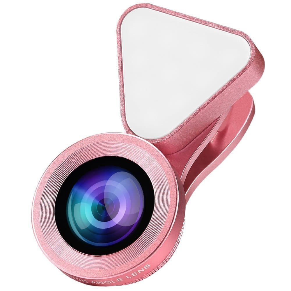 3 in 1 Adjustable Brightness Fill Light Lens,100-140 Degree Wide Angle, 15X Macro Lens Clip-on Cell Phone/Pad Camera Lenses Kit for iPhone iPad, Android Smartphones and Tablets (Rose Gold)
