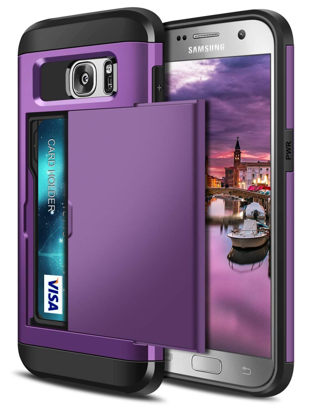 Coolden for Samsung S7 Edge Case Armor Shockproof Case for Galaxy S7 Edge Wallet Case Protective Case Rubber Bumper Card Holder Slot Wallet Case Cover for Galaxy S7 Edge Heavy Duty Case (Purple)