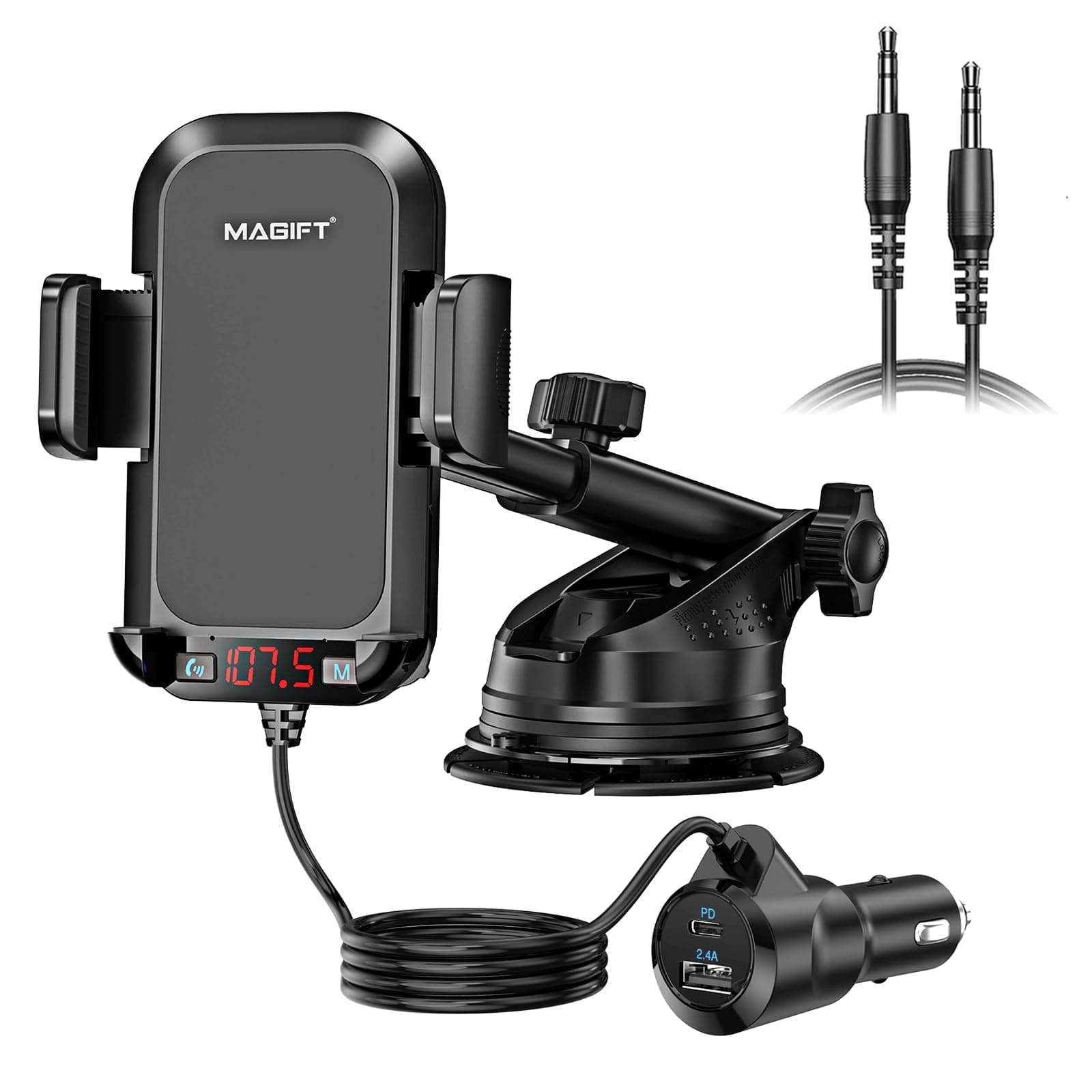 54W Bluetooth 5.3 FM Transmitter Car Adapter with Phone Holder 3-in-1, HiFi B...