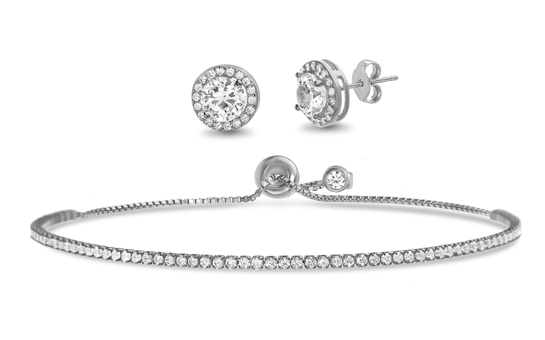 Sterling Silver 2-3/8 Cttw Round Crystal Stud Earrings for Women and Adjustable Crystal Tennis Bracelet for Women Set