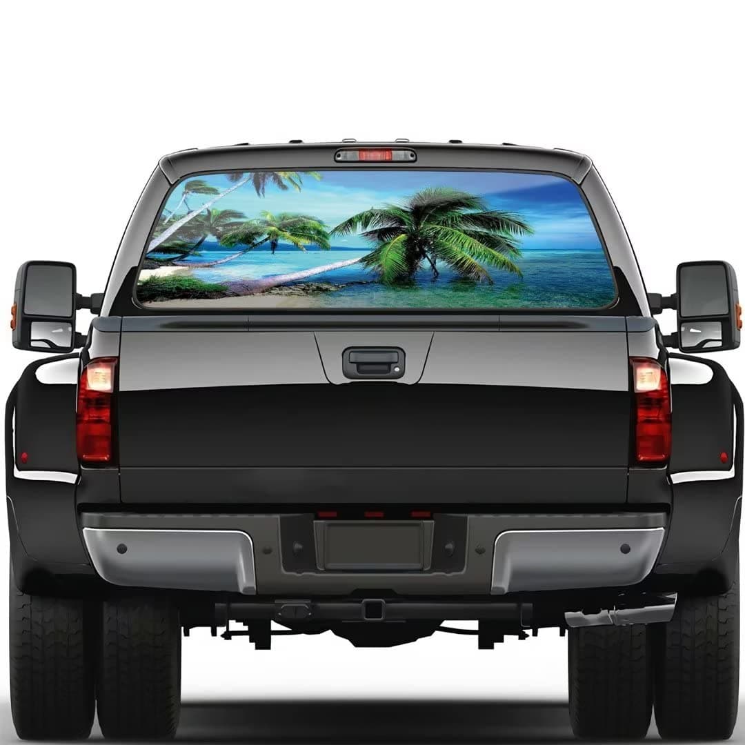 Blue Exotic Beach Palm Tree Rear Window Perforated Graphic Decals - Auto Back Window Stickers for Trucks and Most of Cars SUVs Pickup Van (Vinyl, Large Size 66"x20")
