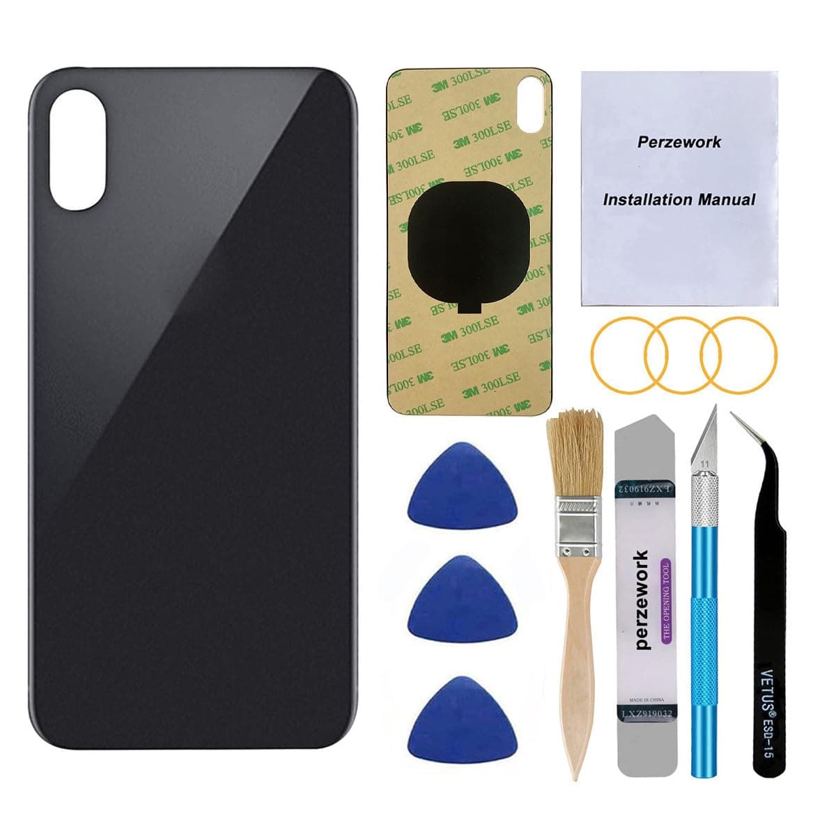 Perzework OEM Rear Back Glass Replacement for iPhone Xs 5.8 inches with Reparing Tool Kit and Pre-Installed Adhesive (Space Gray/Black)
