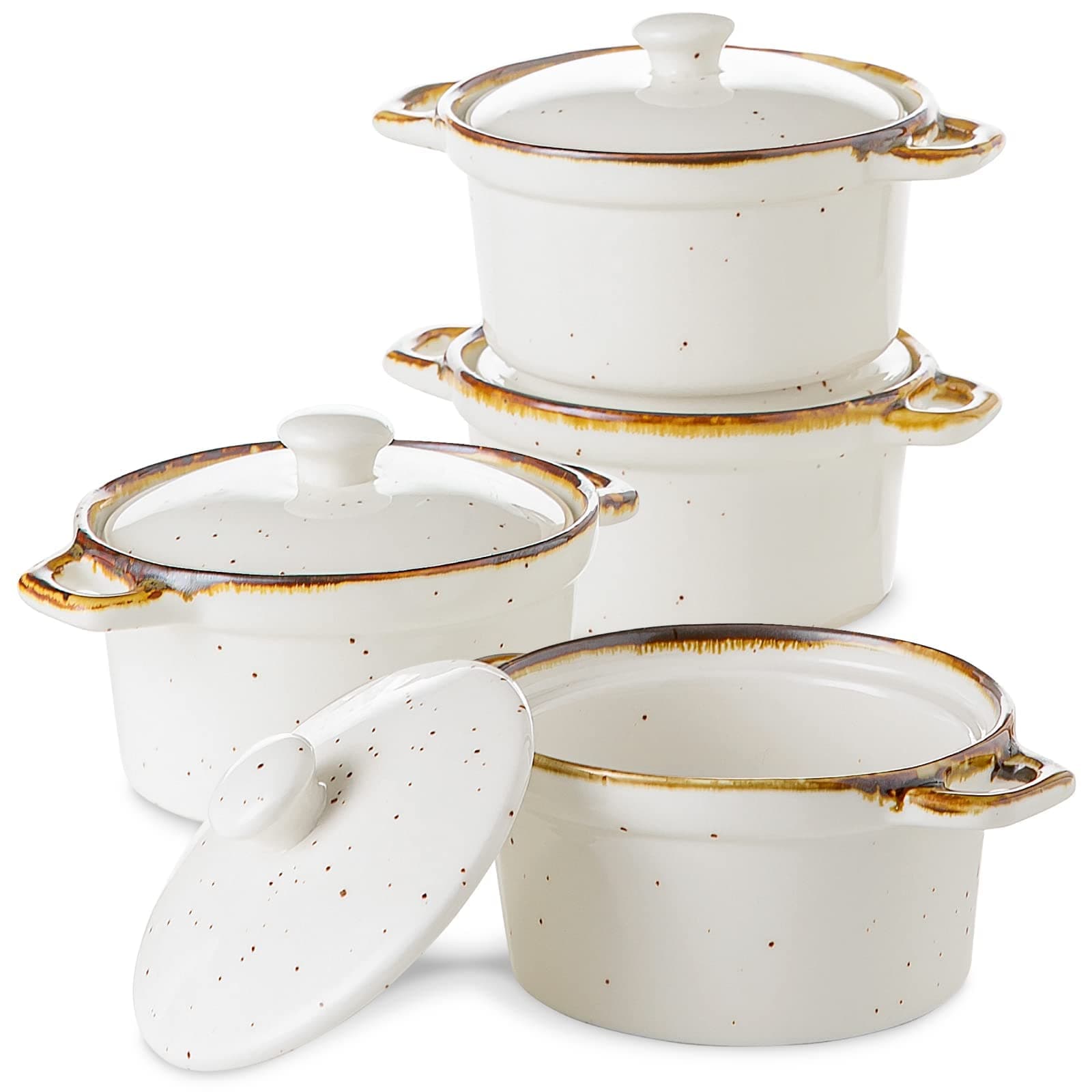 ONEMORE Ramekins with Lids, 12 oz Ceramic Small Casserole Dish with Handles & Brown Rim for Baking Soup, Speckled Oven Safe Mini Dutch Oven Rustic Cocotte Set of 4 for Individual Serving, Creamy White