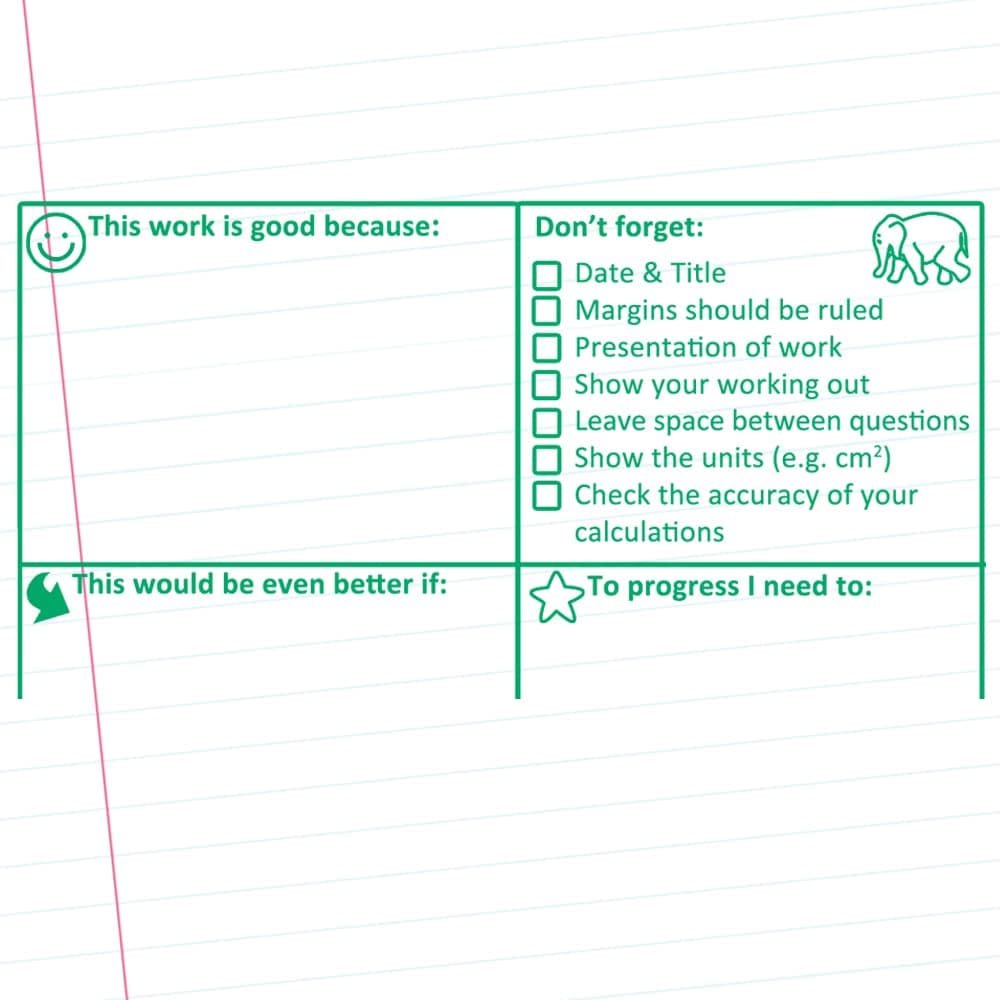 Maths Feedback, Marking & Self-Assesment Teacher Stamp. 10x5cm Self-inking School Stamper. (Green)