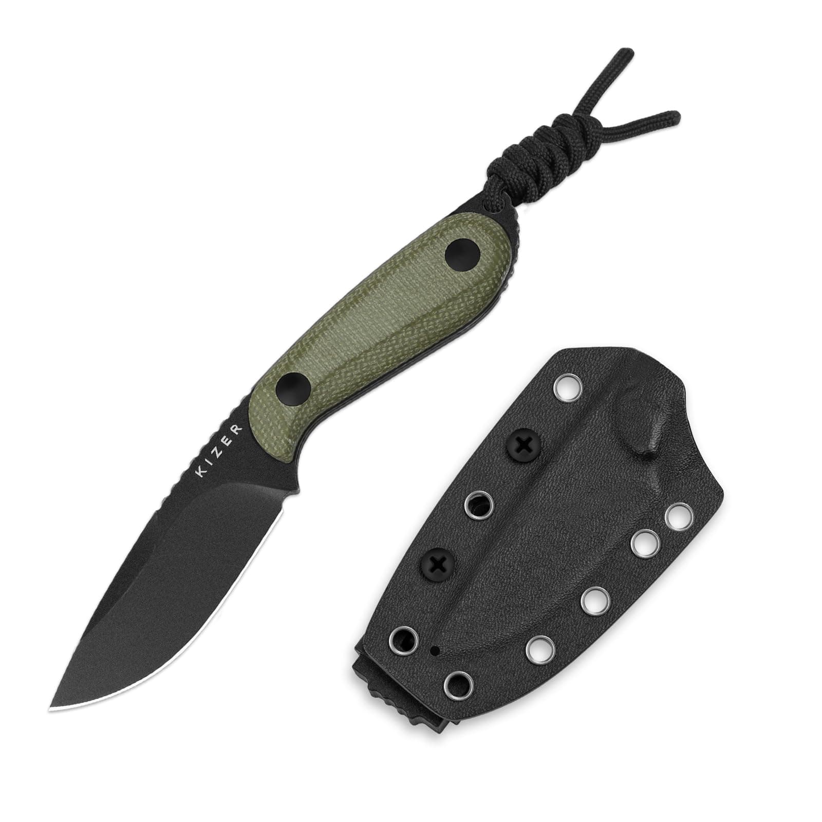 Buddy Fixed Blade Knife, 3" D2 Steel Camping Knife with Olive Green Micarta Handle, Compact EDC Fixed Blade Knives with Sheath for Hiking & Camping 1081M1