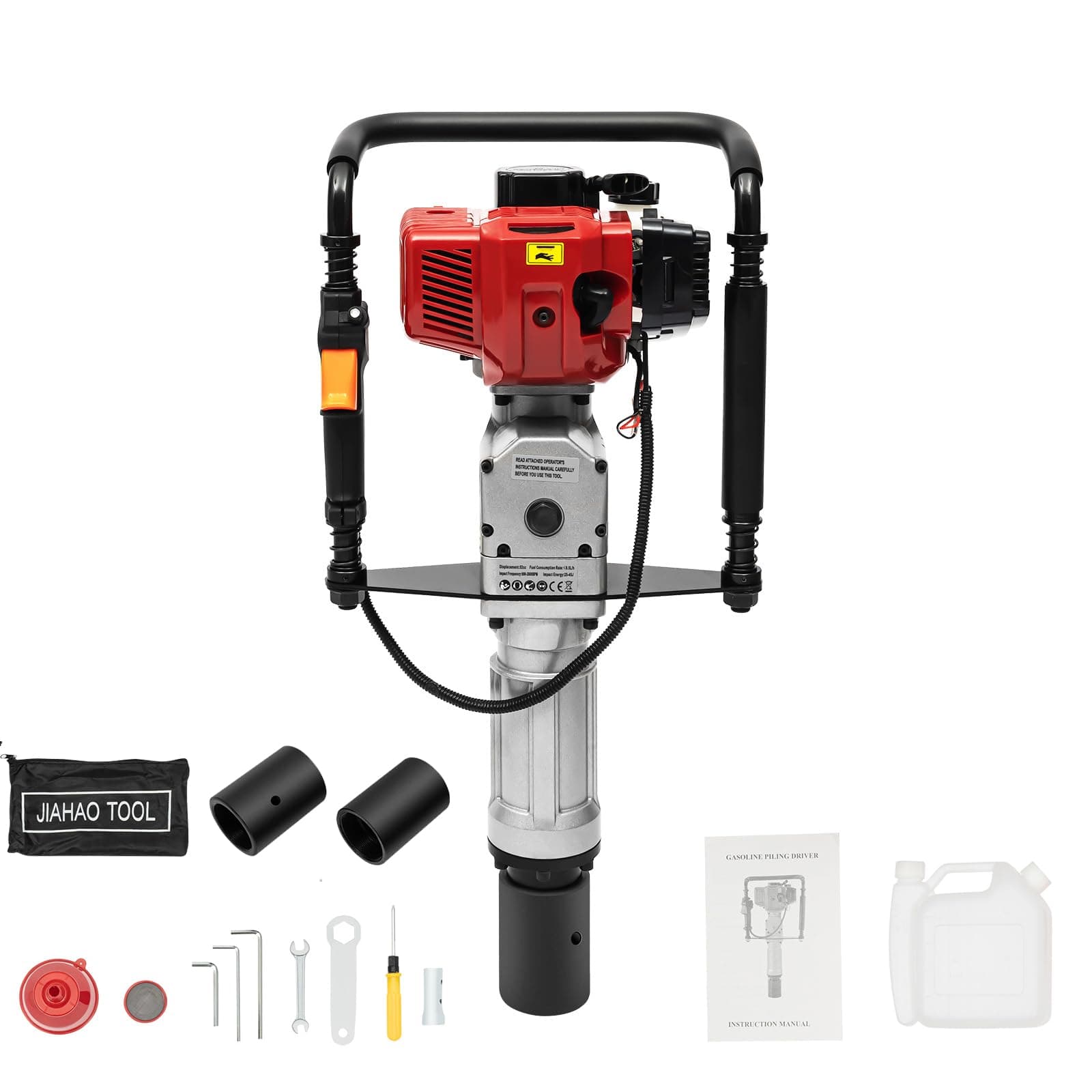 Pile Driver Hammer, 2 Stroke 52CC Gas Powered T Post Driver Hammer Drills Engine 1900W Air Cooling Single Cylinder Gasoline Petrol Garden Fencing Tool Machine with 2 Post Driving Head