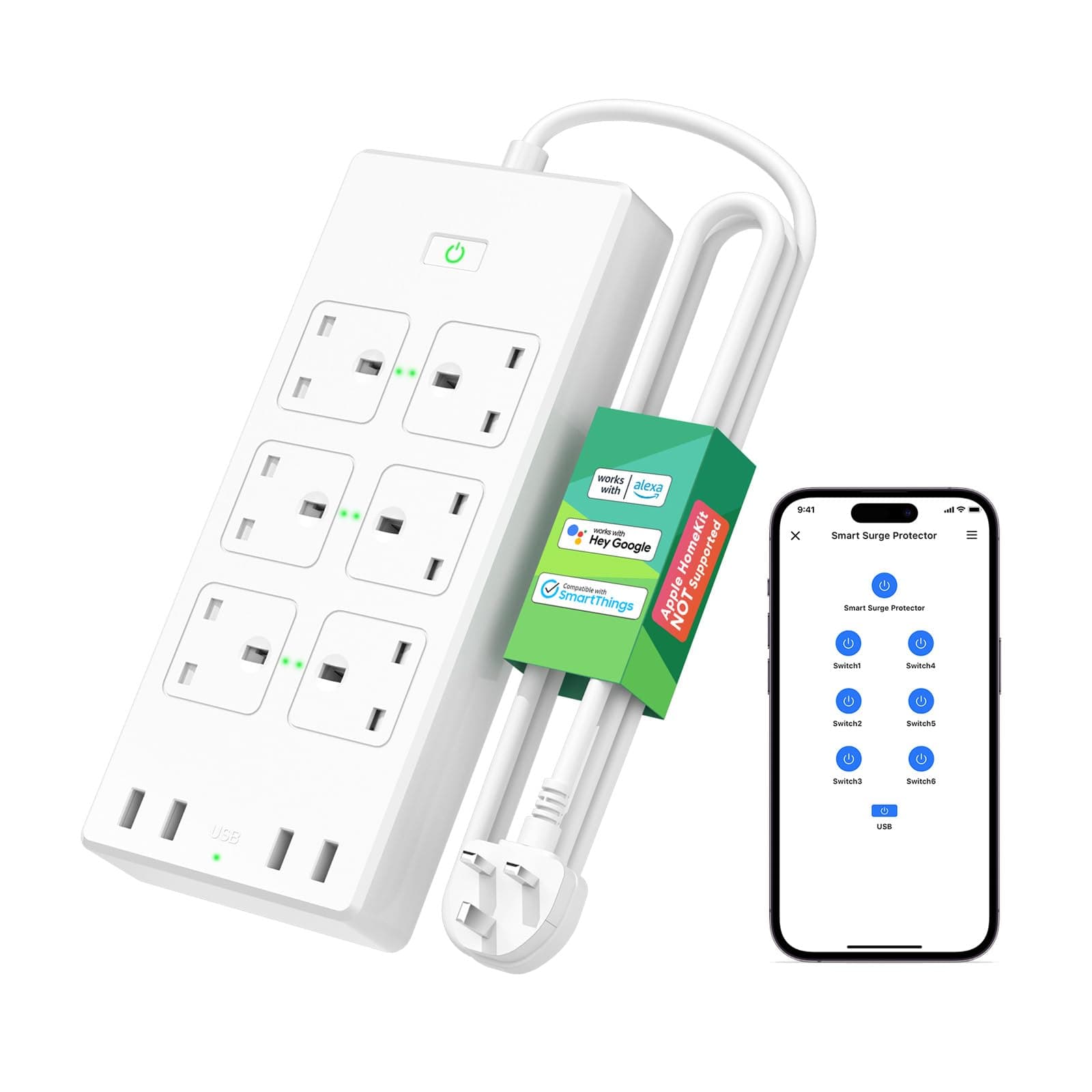Smart Power Strip with USB, 6 AC Outlets and 4 USB Ports, Alexa extension lead Compatible with Alexa, Google, SmartThings, 2.4GHz WiFi (Packaging may vary)