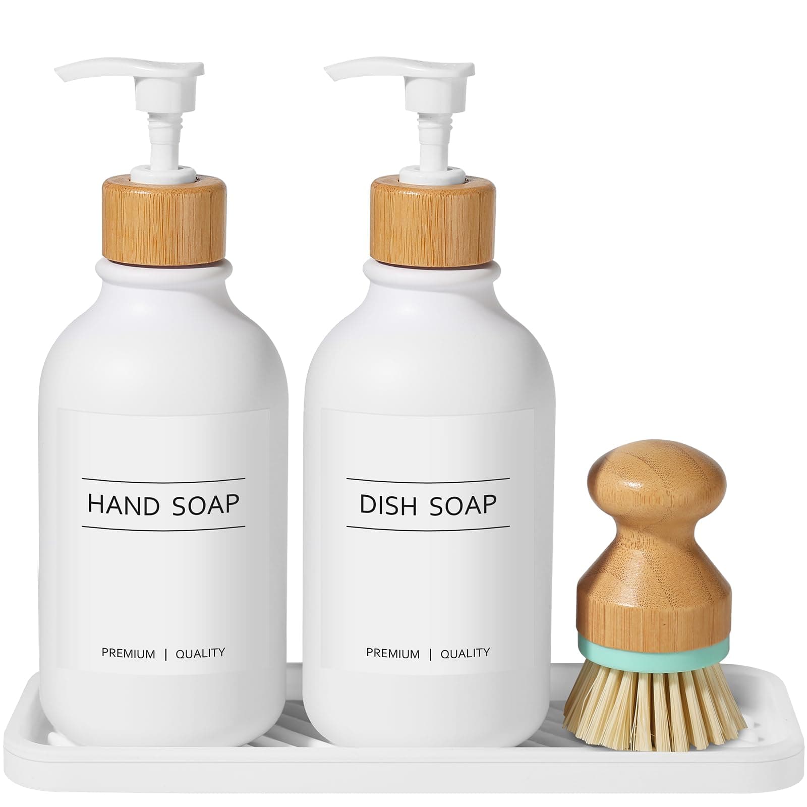Hand and Dish Soap Dispenser Set with Tray for Kitchen Sink, 500 ML Hand Wash Bottle for Bathroom with Bamboo Pump and Dish Brush, Farmhouse Lotion Washing Up Liquid Detergent Dispensers