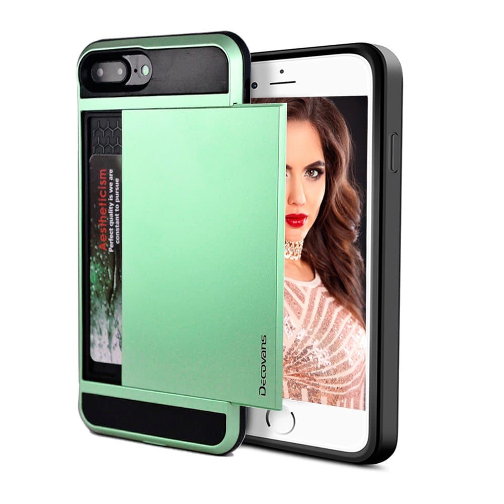 iPhone 7 Plus Case,Decovans DP20 Credit Card Holder Wallet iPhone 7 Plus Case Protect Shell Anti-Scratch Protection Defender Shockproof Soft Rubber Bumper Cover Case for iPhone 7/8 Plus - Mint Green