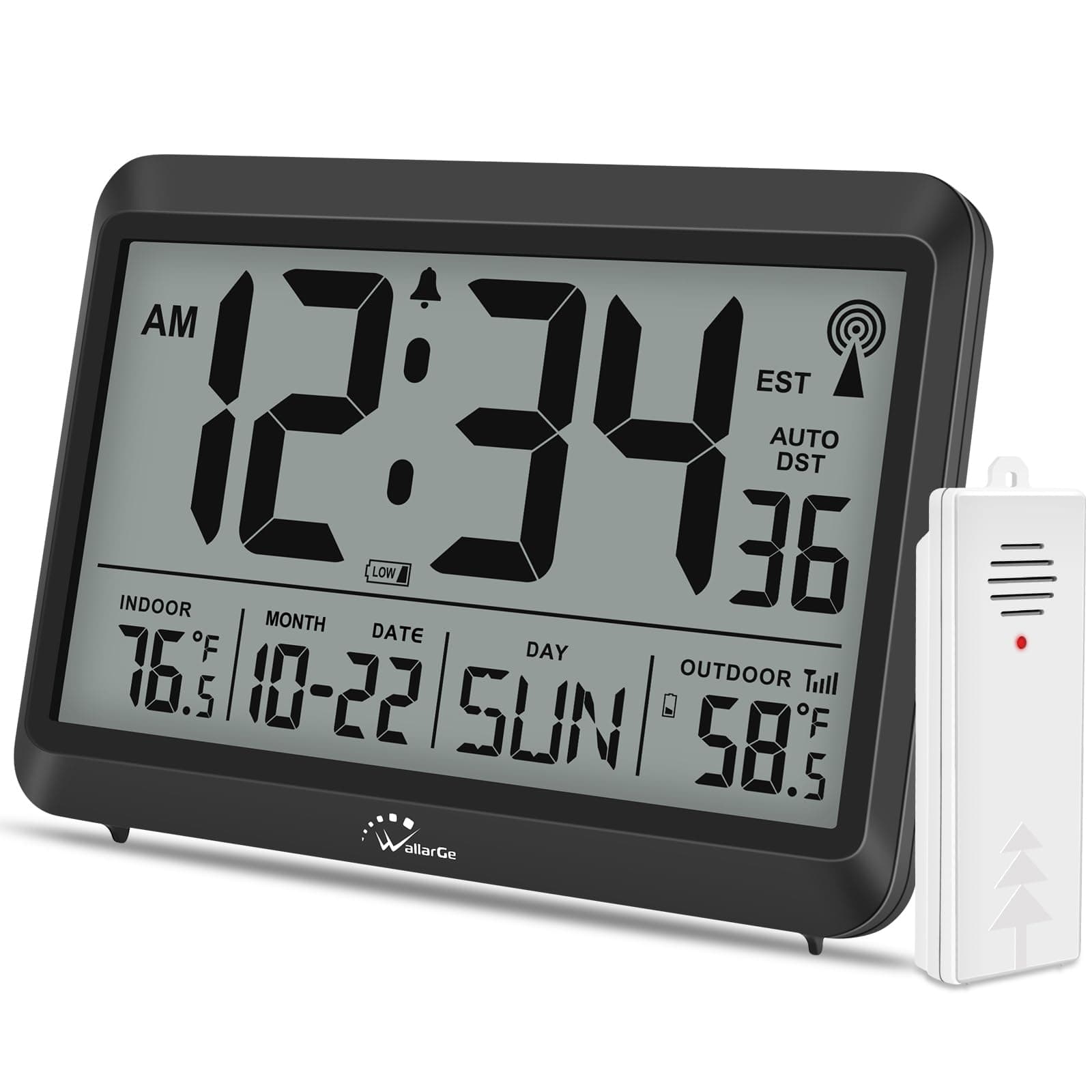WallarGe Atomic Clock with Indoor Outdoor Temperature - 8.5'' Digital Clock Battery Operated, Self-Setting, 4 Time Zones, DST