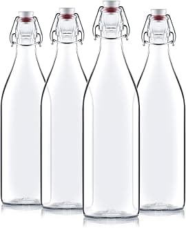 Giara Swing Top Bottles 33 ¾ Ounce-4 Pack Round Clear Glass Grolsch Flip Top Bottle With Stopper, for Beverages, Smoothies, Kefir, Beer, Soda, Juicing, Kombucha, Water, Milk and Vinegar